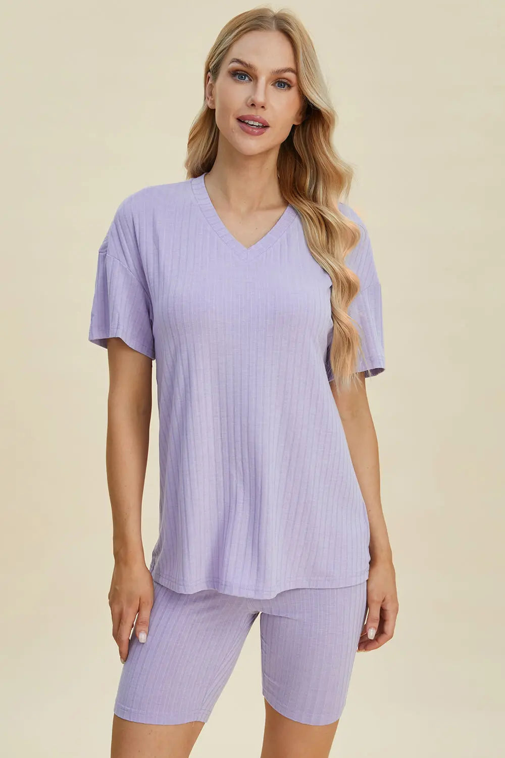 Basic Bae Full Size Ribbed V Neck Short Sleeve Top and Shorts Set - Women's Casual Summer Outfit for Beach, Lounge & Everyday Wear