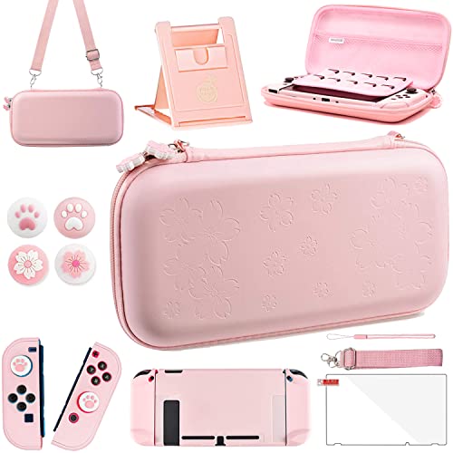 Pink Travel Carrying Case Accessories Kit for Nintendo Switch - 10 in 1 Essential Protection Set with Hard Cover, Screen Protector, Adjustable Stand & Thumb Grips | Perfect for Gaming On-The-Go, Commuting & Travel Protection