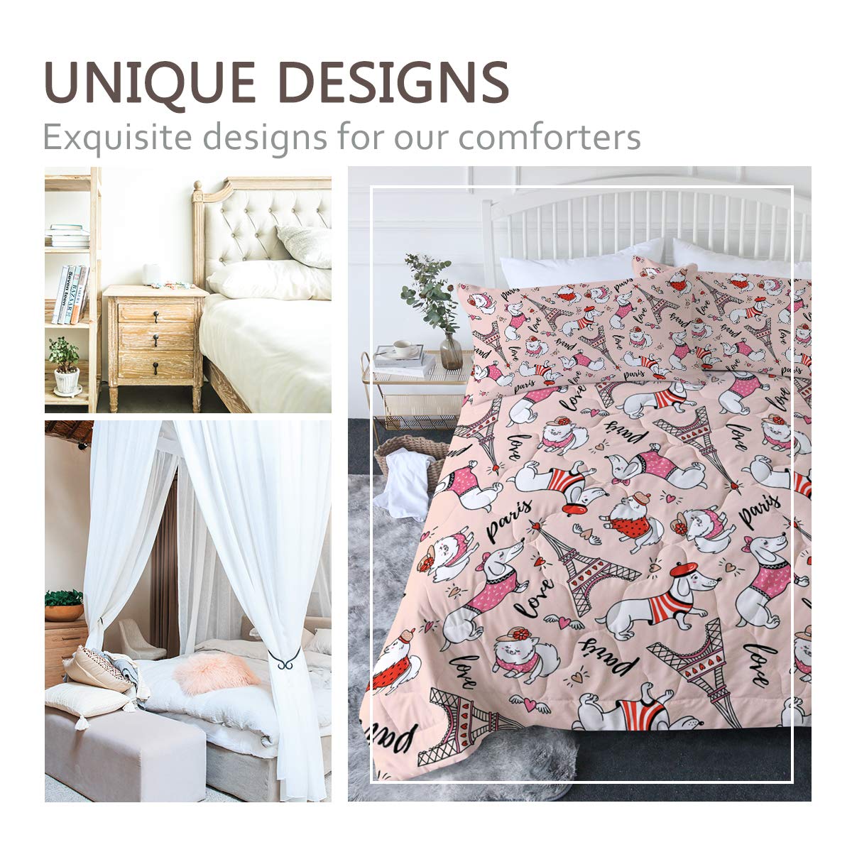**BlessLiving Dachshund Dog Comforter Set - Eiffel Tower Bedding Set Twin/Twin XL, 3-Piece Super Soft Pink Bed Set for Kids, Girls & Boys - Perfect for Kids' Rooms, Dorm Decor & Cozy Bedtime**