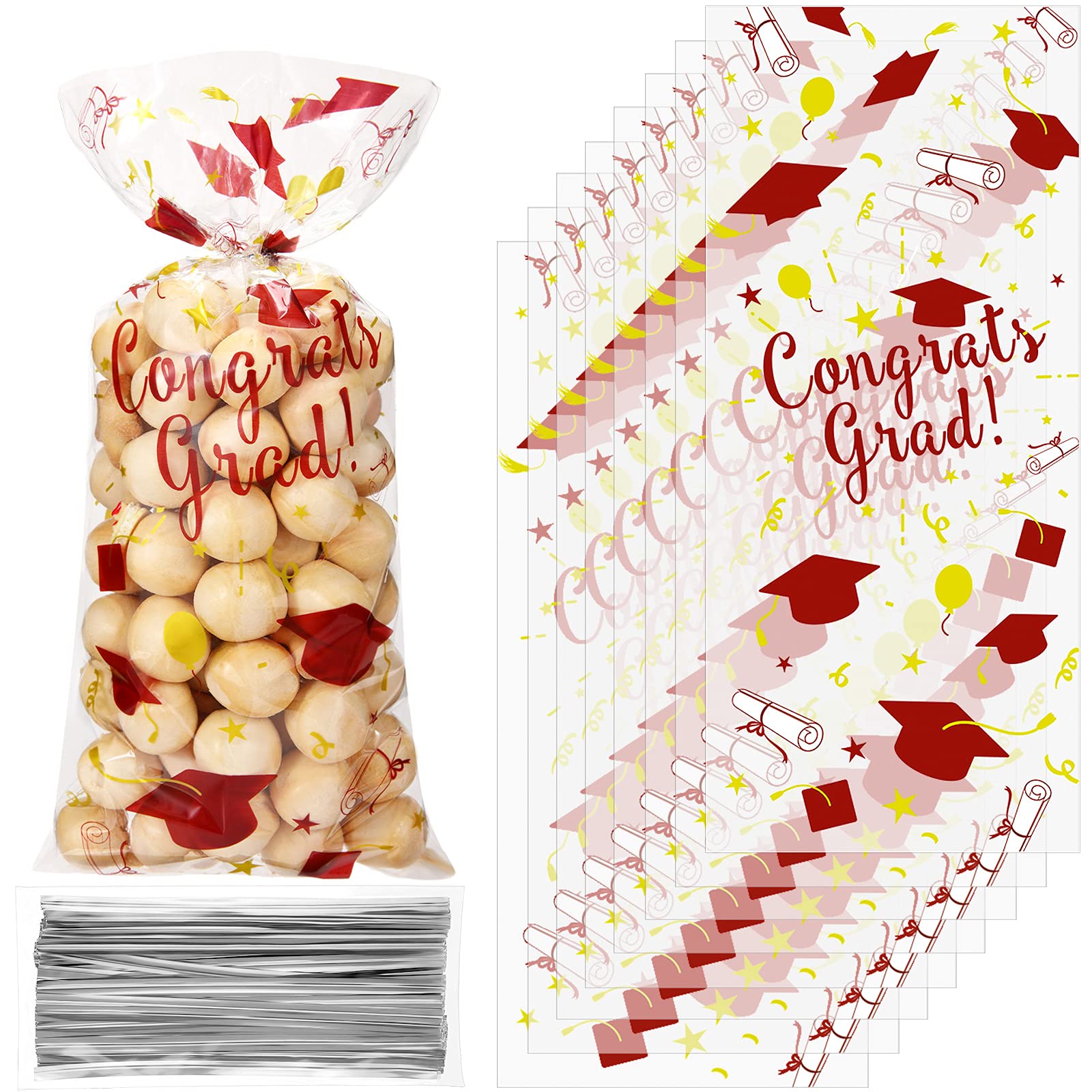 Blulu 100-Pack Graduation Cellophane Treat Bags with Silver Twist Ties - Maroon & Gold Candy Wrapping Gift Bags for Congrats Graduates - Perfect for Grad Party Favors, School Celebrations & Diploma Ceremonies