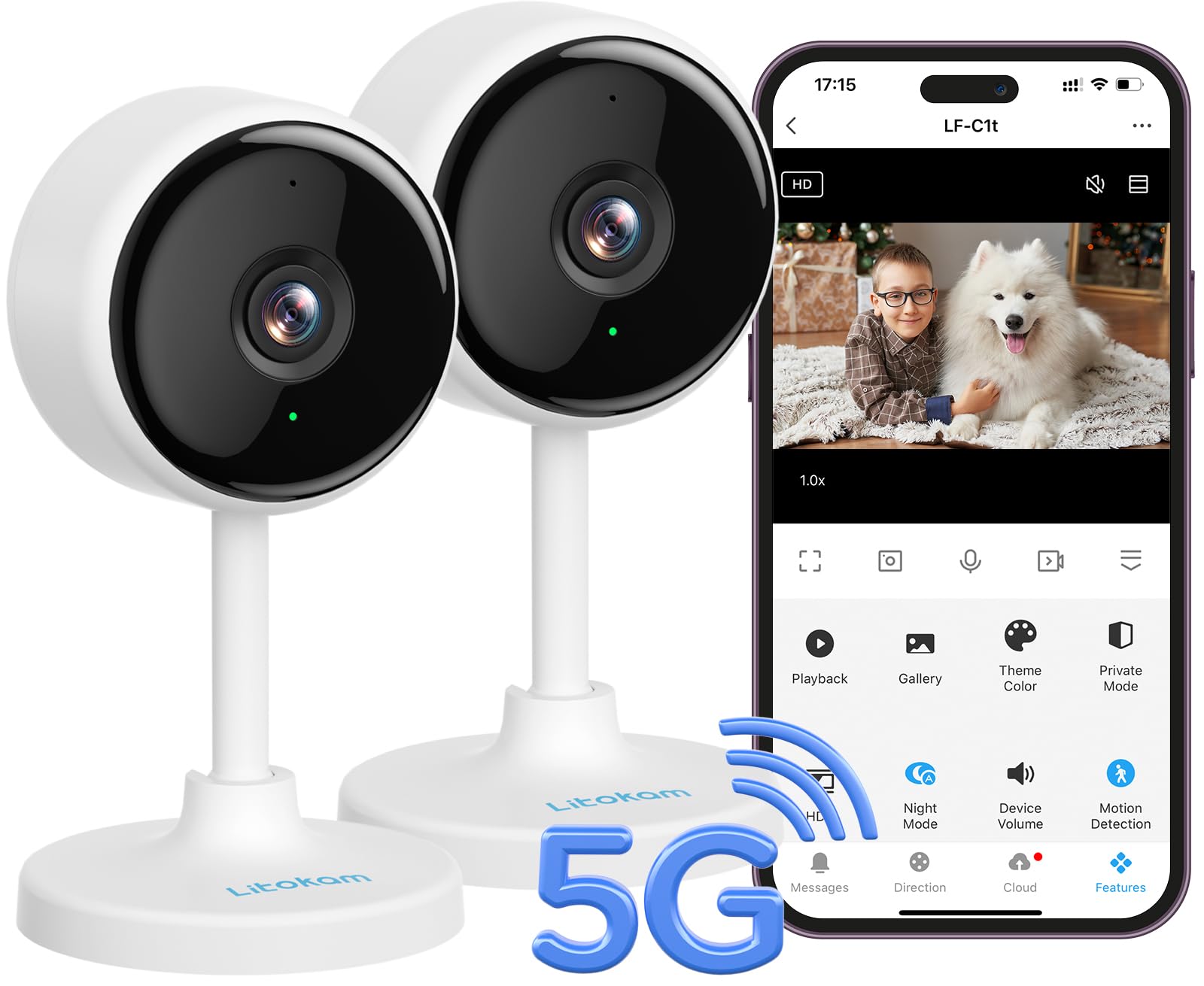 Litokam 2K Indoor Security Camera 2 Pack - WiFi Pet Camera with Night Vision, Motion & Sound Detection for Baby/Elder/Pet Monitoring - Ideal for Home, Nursery & Pet Safety (5GHz/2.4GHz Dual Band)