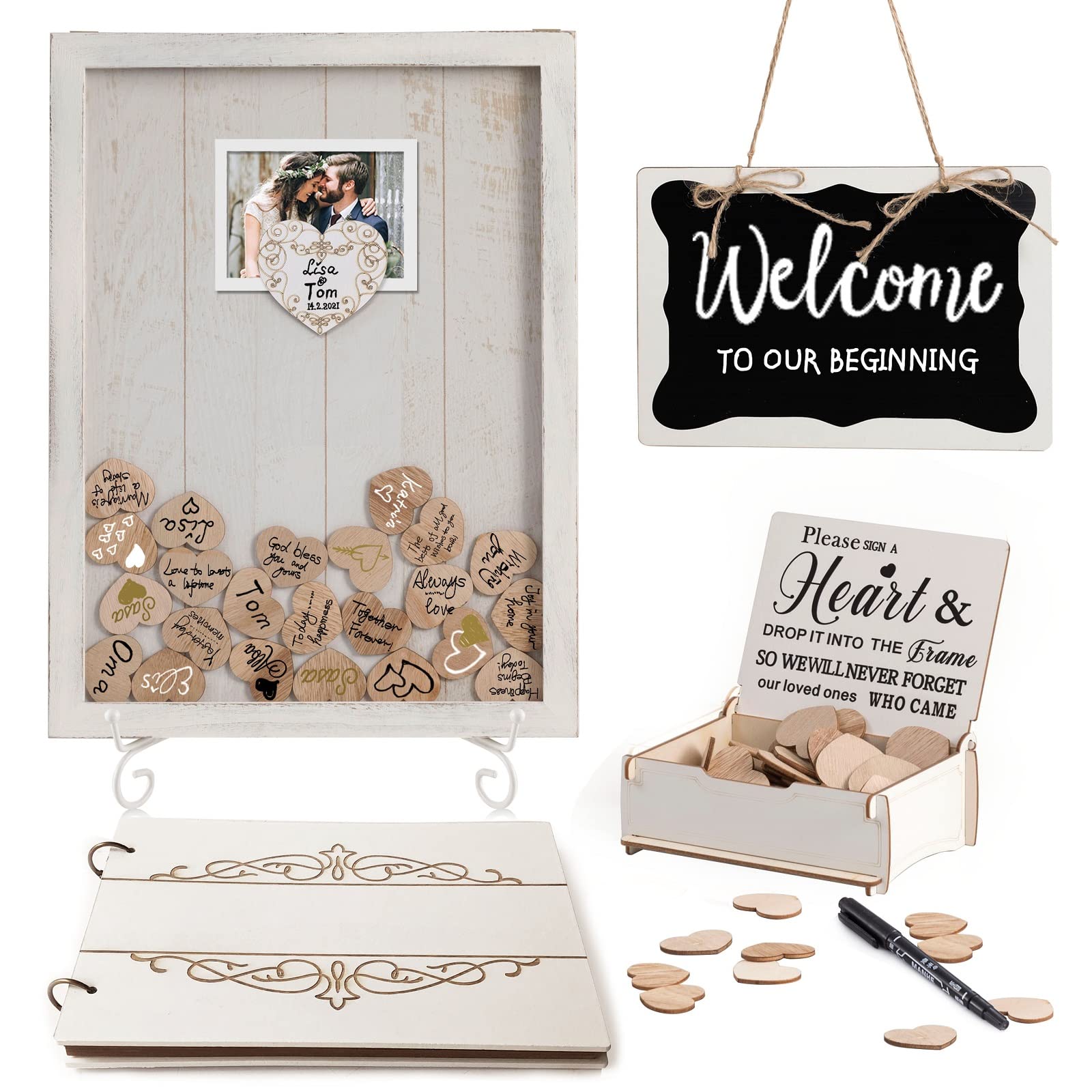 Y&K Homish Rustic Wedding Guest Book Set - Creamy White Alternative Guest Book with 80 Hearts & 1 Book (11¾