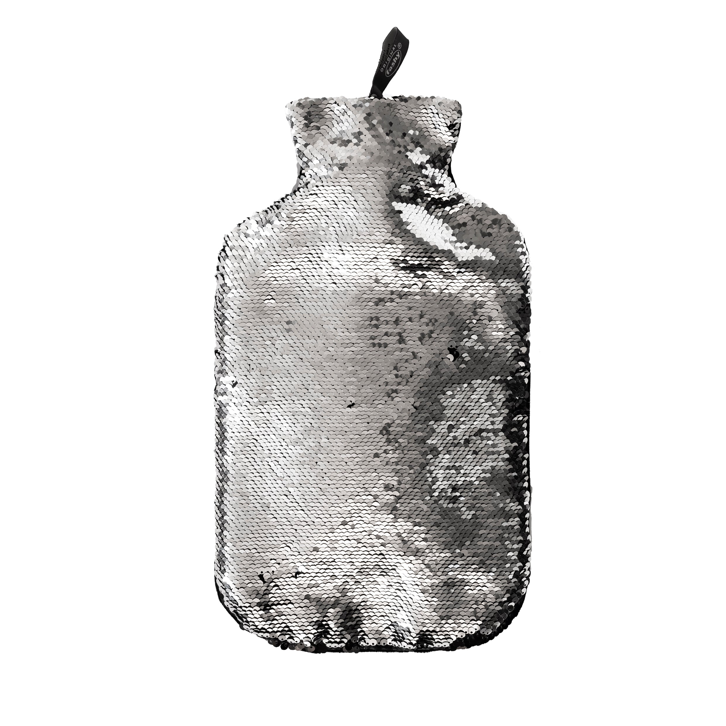 2L Fashy Hot Water Bottle with Black Sequin Cover - Warm & Cozy for Winter Nights, Period Pain Relief, Bed Warming - BPA Free Rubber Hot Water Bag for Adults & Kids