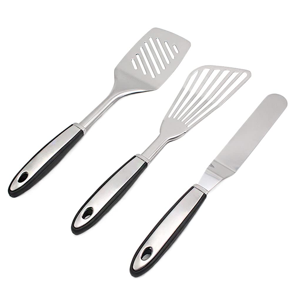 Premium Stainless Steel Spatula Set (3-Piece) - Kitchen Fish Turner, Slotted Spatula & Icing Spatula - Durable Cooking Utensils for Baking, Grilling & Food Flipping - Perfect for Home Chefs & Professional Kitchens