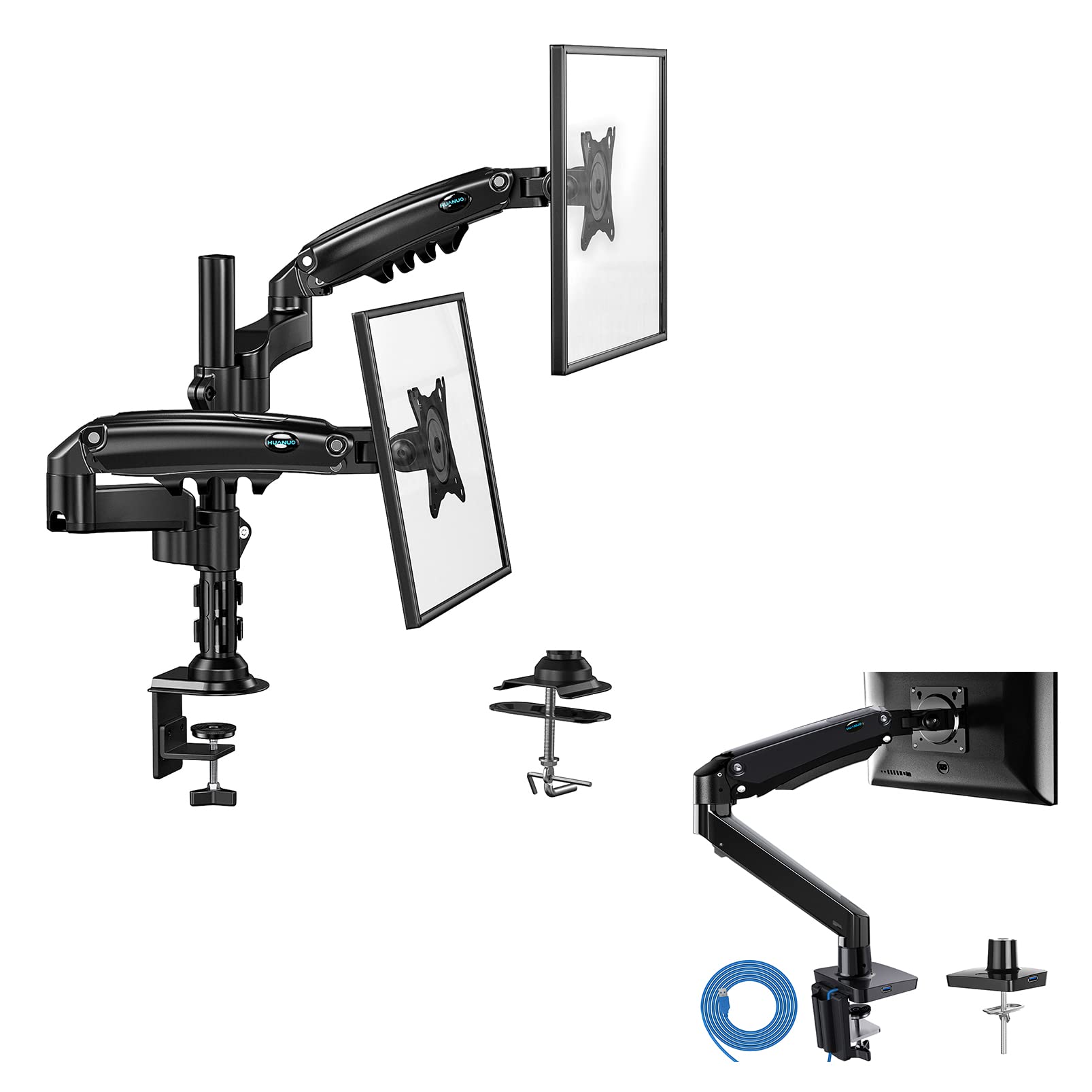 HUANUO Dual Monitor Stand - Adjustable Gas Spring Monitor Mount for 17-32 Inch Screens, Heavy Duty Desk Clamp & Grommet Base, Holds 19.8lbs per Arm - Perfect for Home Office, Gaming & Workstation Setup