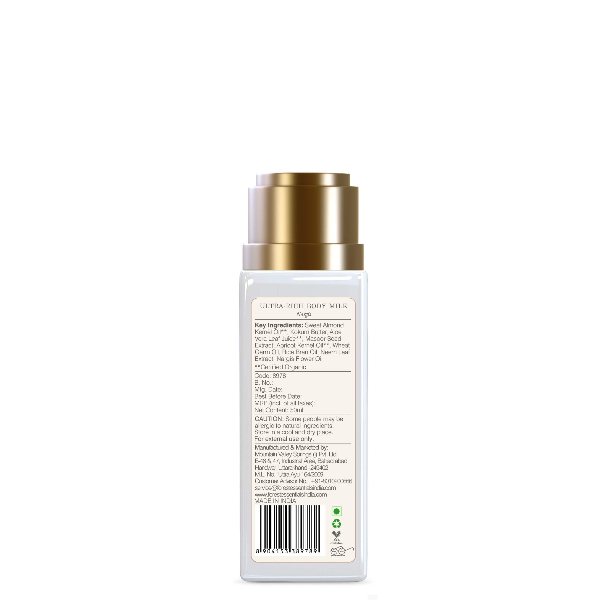 Forest Essentials Ultra-Rich Nargis Body Milk Travel Size (50ml) - Ayurvedic Natural Moisturizing Lotion for Dry Skin, Paraben-Free Hydration for Women & Men | Perfect for On-the-Go Skincare & Travel Essentials
