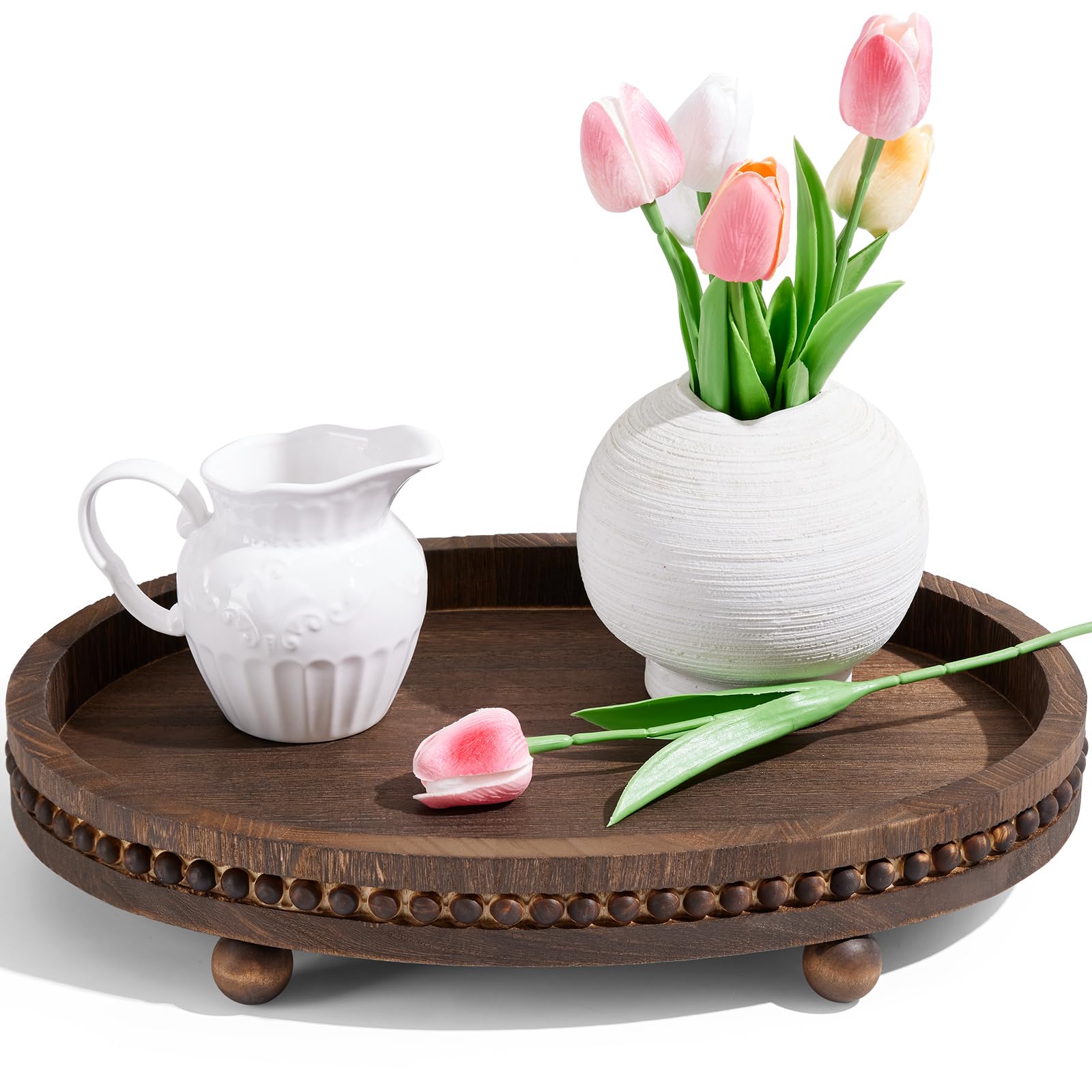 16×11.8 Inch Rustic Wooden Serving Tray - Farmhouse Style Oval Coffee Table Decor with Wood Beads | Perfect for Thanksgiving Dining, Kitchen Counter, Bathroom Organization & Farmhouse Home Decor