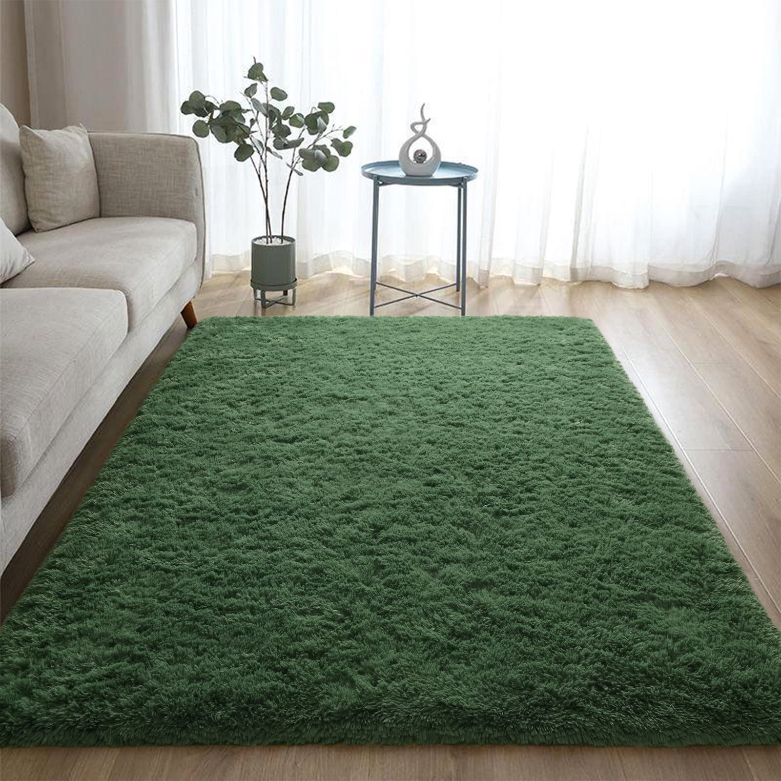 DweIke Fluffy Dark Green Shaggy Area Rug - 4x6 Feet Soft Plush Carpet for Bedroom, Living Room, Nursery | Non-Slip Washable Floor Mat for Kids, Boys & Girls | Perfect for Cozy Home Decor, Playroom & Baby Room