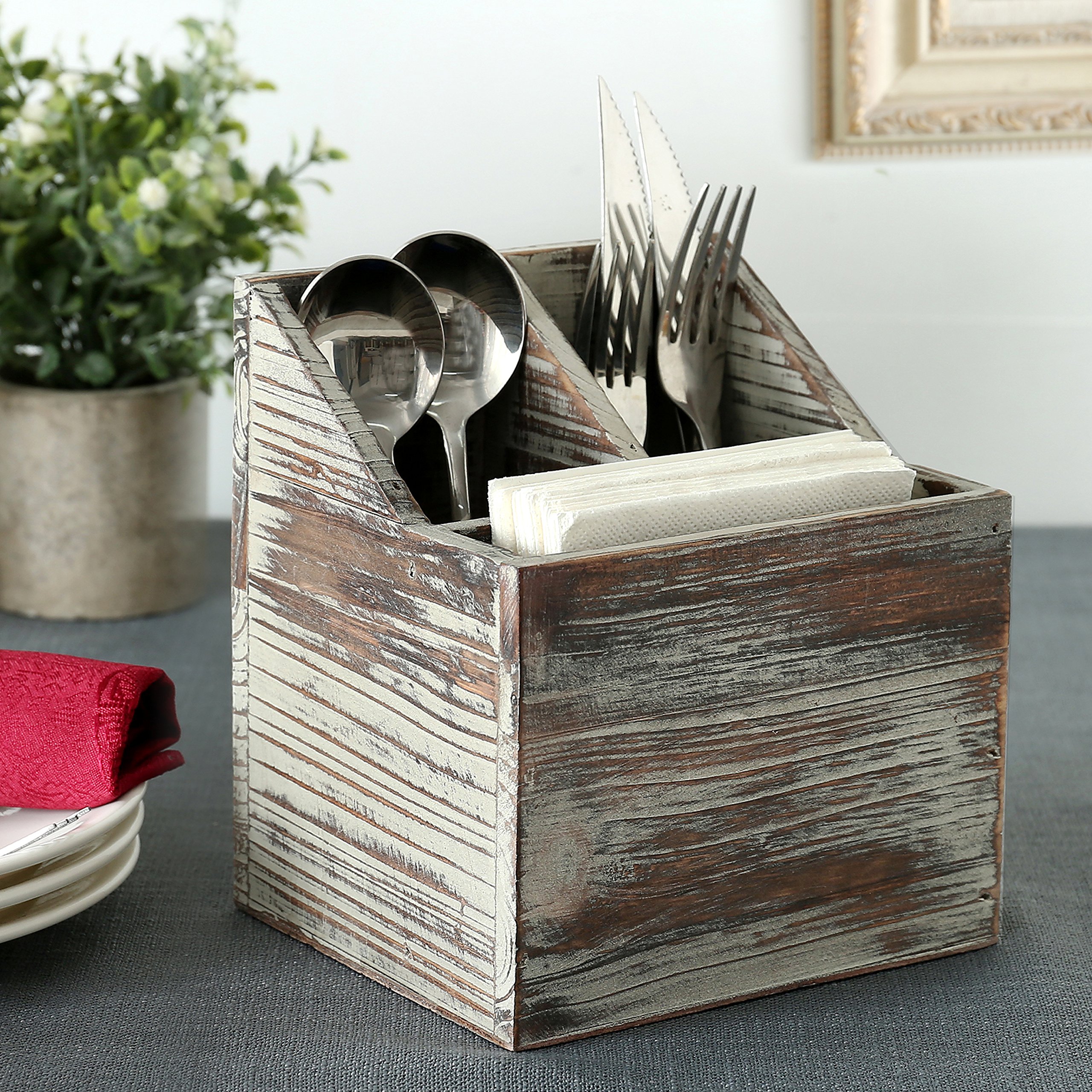 MyGift 3-Compartment Rustic Torched Wood 2-in-1 Flatware and Napkin Holder - Wooden Kitchen Utensil Caddy for Silverware, Cutlery & Paper Napkins - Perfect for Dining Table, Kitchen Countertop & Buffet Organization