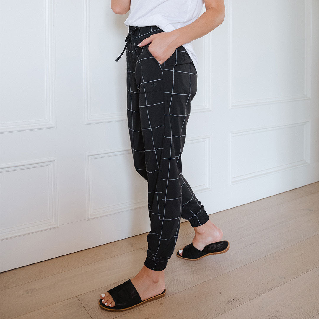 Destination Joggers for Men - Stylish Black Windowpane Pattern Lounge Pants - Perfect for Home Relaxation, Casual Outings & Travel