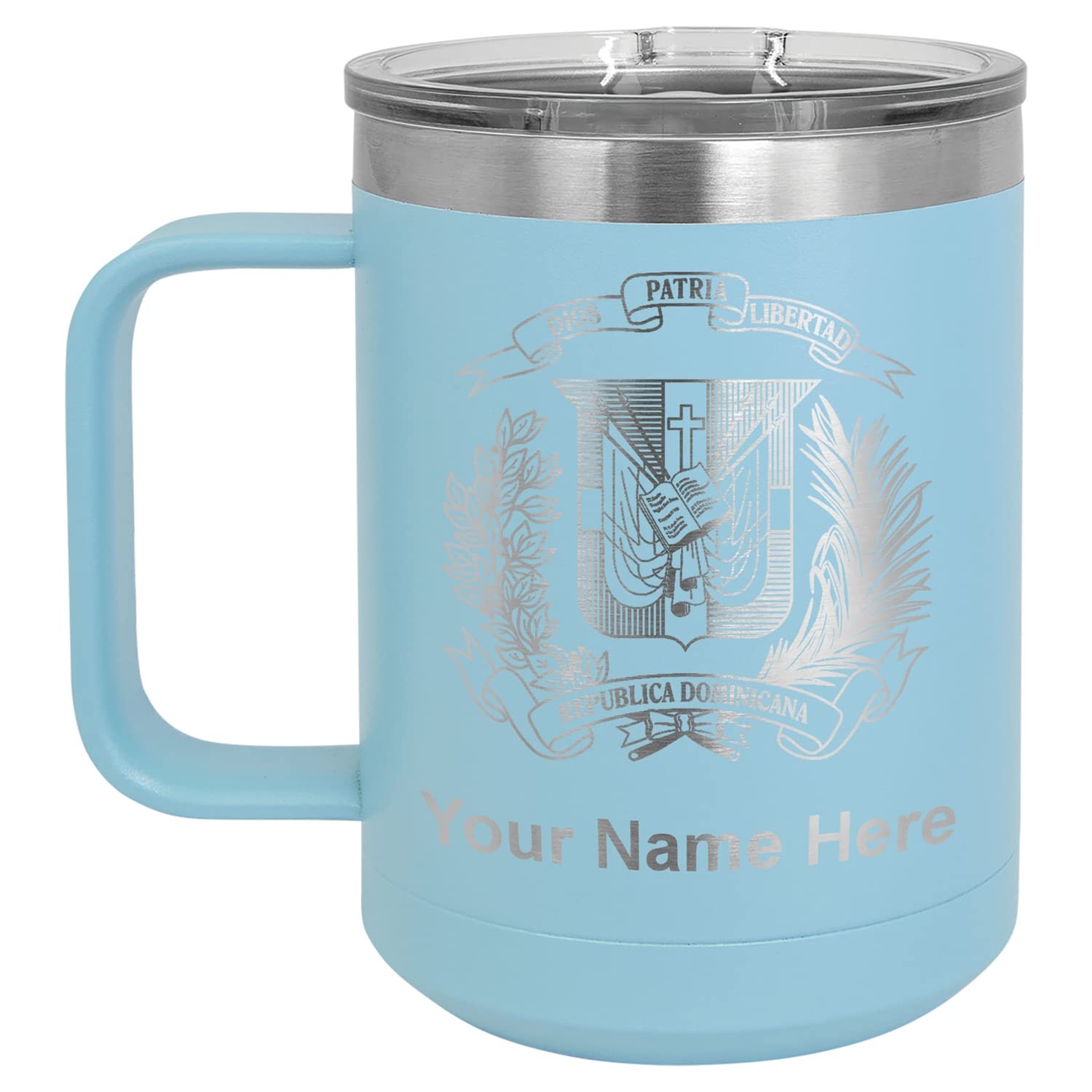 LaserGram 15oz Vacuum Insulated Stainless Steel Coffee Mug - Personalized Engraved Coat of Arms Dominican Republic Design (Light Blue) | Keeps Beverages Hot/Cold for Hours | Perfect for Travel, Office & Outdoor Adventures