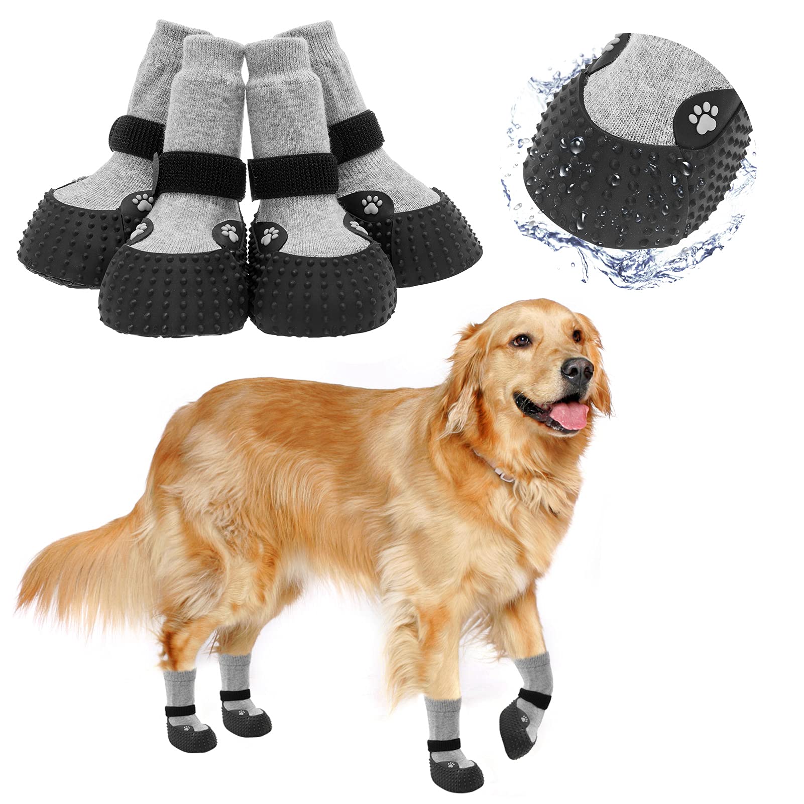 2 Pairs Non-Slip Dog Socks with Rubber Sole - Waterproof Pet Booties for Small & Medium Dogs - Protective Dog Shoes for Outdoor Walking, Running, Hiking & Winter Use