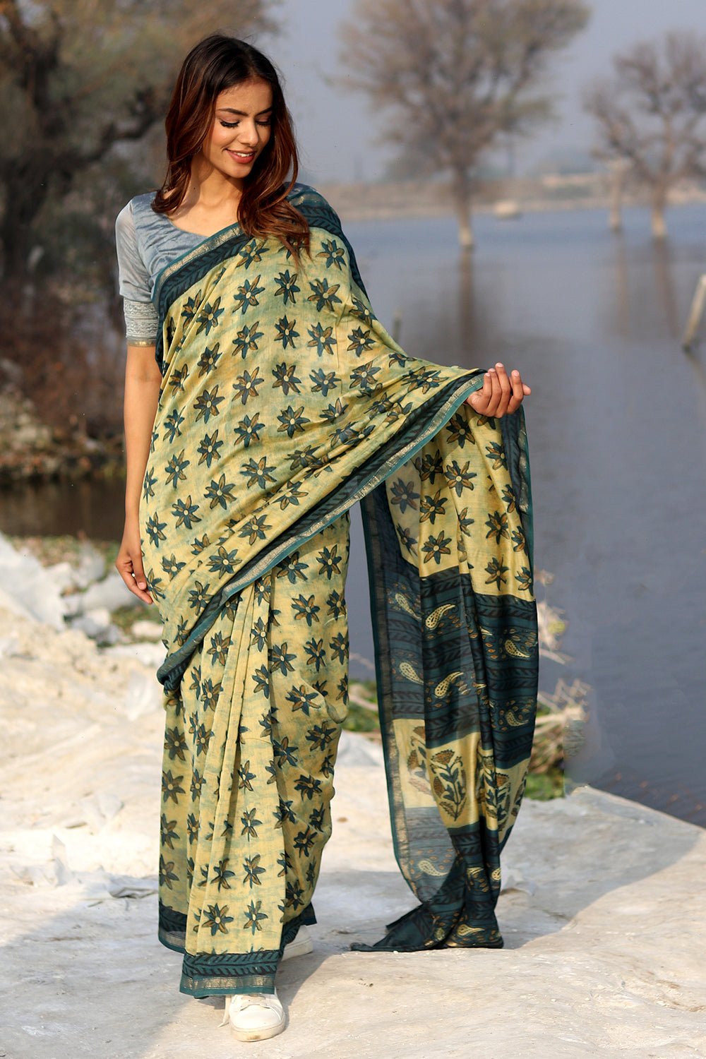 Botanical Bliss Handblock Printed Chanderi Saree - Elegant Indian Traditional Dress for Women | Perfect for Weddings, Festivals & Special Occasions