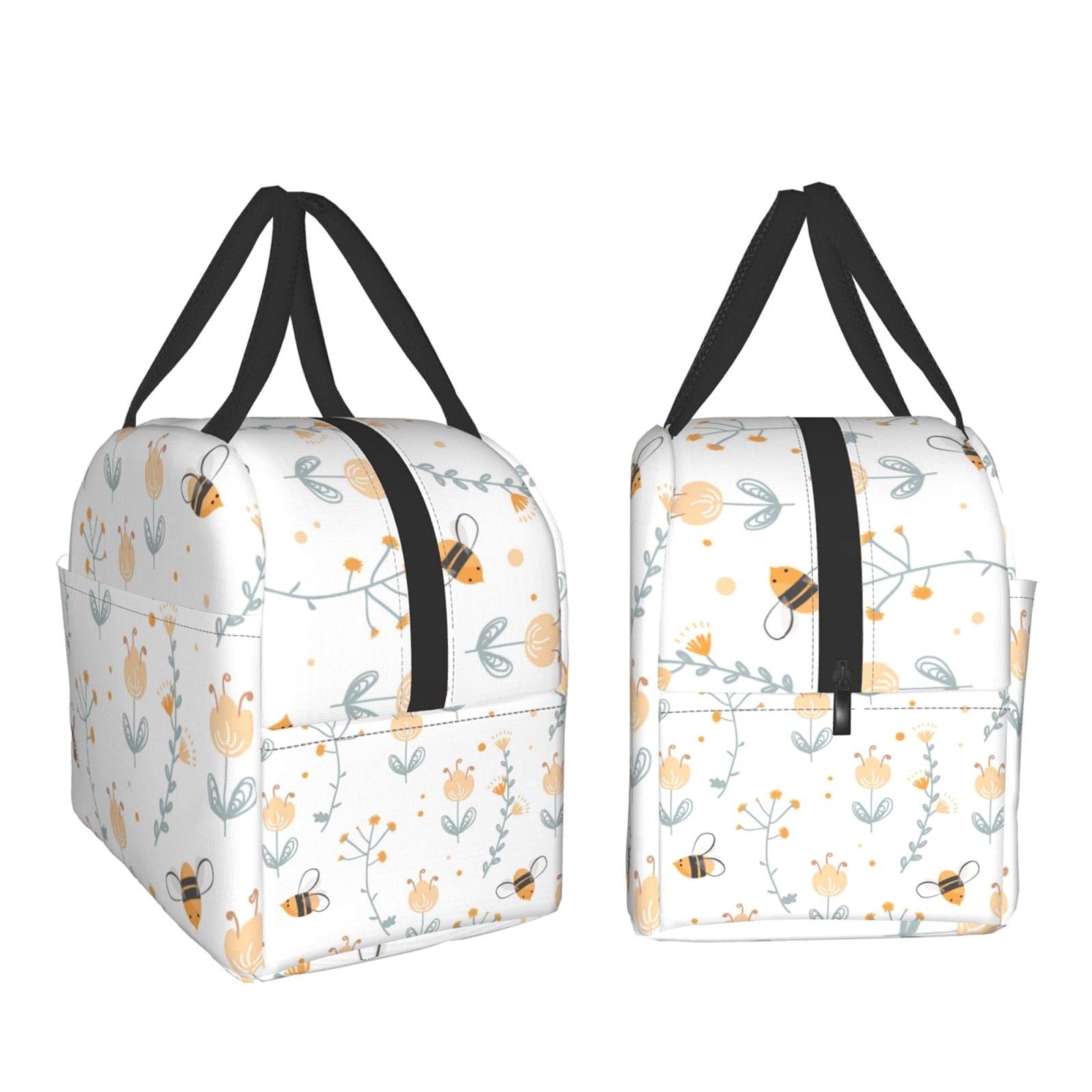 Insulated Reusable Lunch Bag with Front Pocket - Leakproof Cooler Tote for Women & Men - Perfect for Office, Work, Picnic & Outdoor Activities - Cute Bee Design
