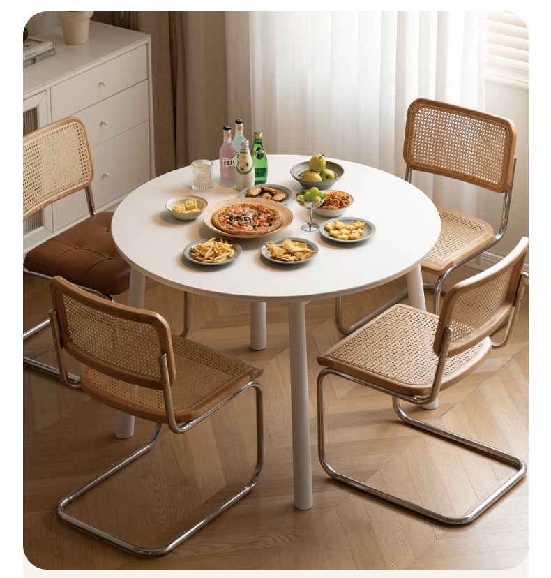 Birch Solid Wood Round Dining Table - White Cream Style Rock Board - Perfect for Modern Kitchens, Dining Rooms & Small Spaces