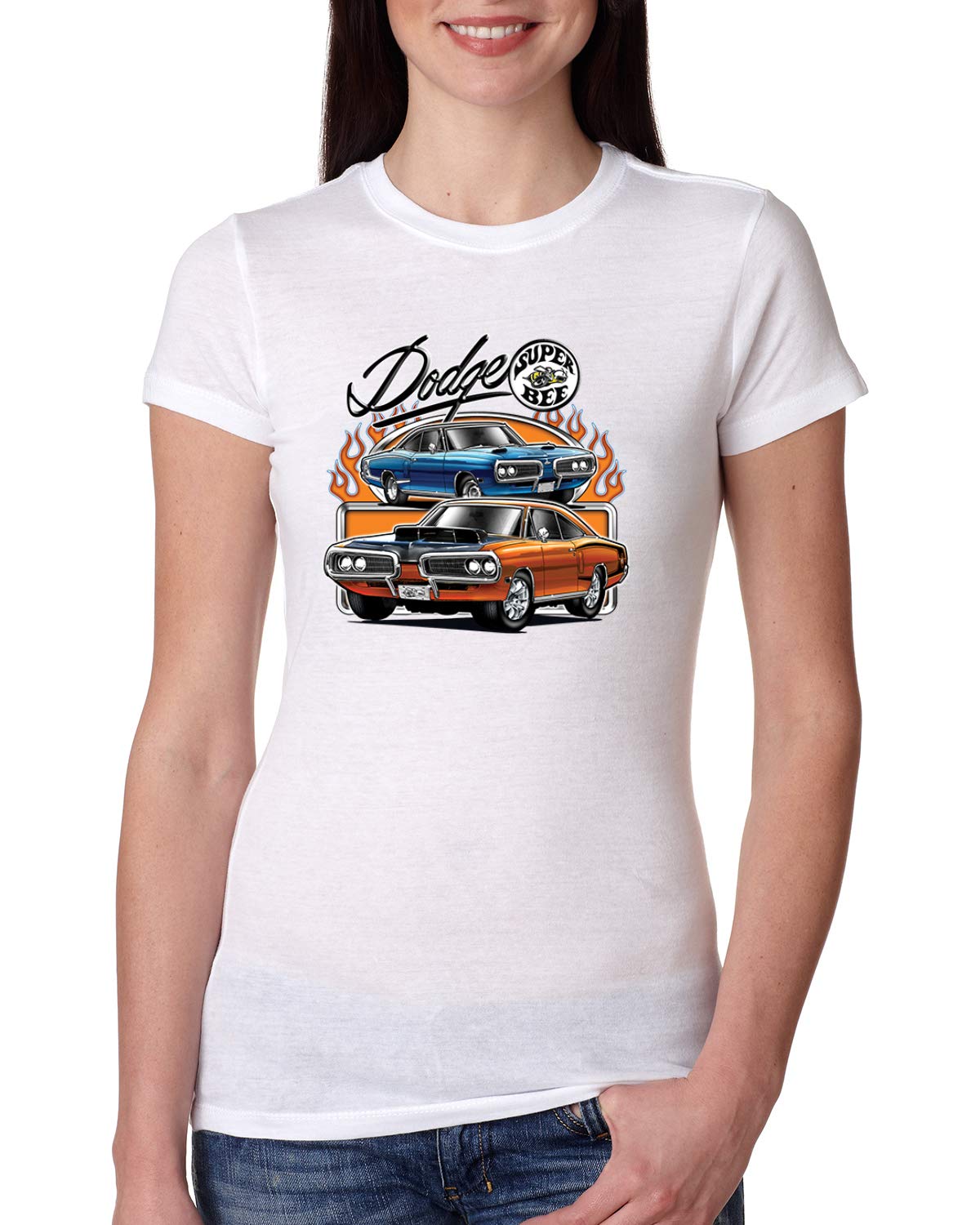 Flaming Dodge Super Bee Muscle Car T-Shirt for Women - Slim Fit Junior Tee - Vintage Car Lover Gift, Casual Wear & Car Show Outfit