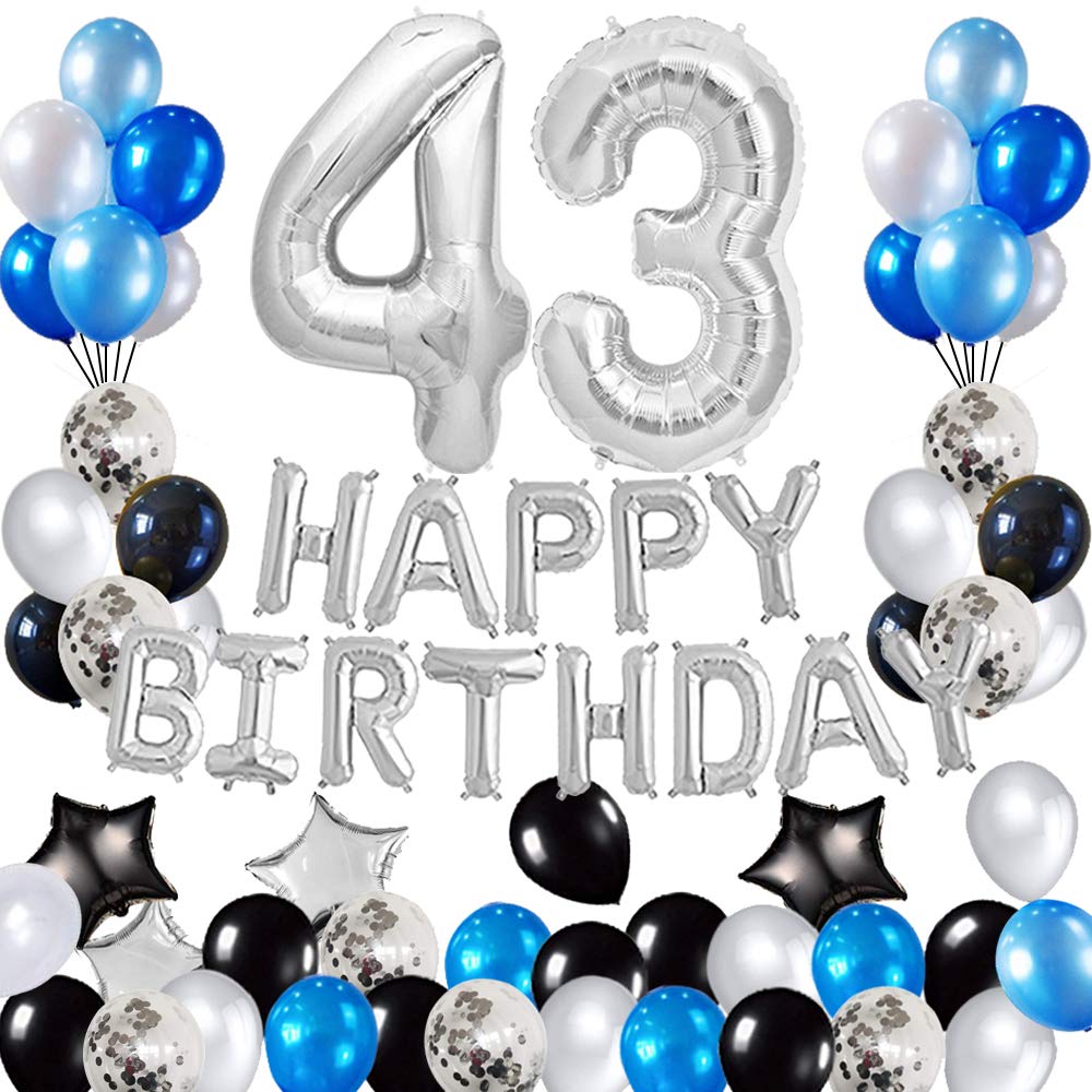 43rd Birthday Party Decorations Set - Foil Happy Birthday Banner, Number 43 & Star Balloons, 43pcs Latex Balloons in Silver & Blue | Perfect for Adult Milestone Celebrations & Themed Parties