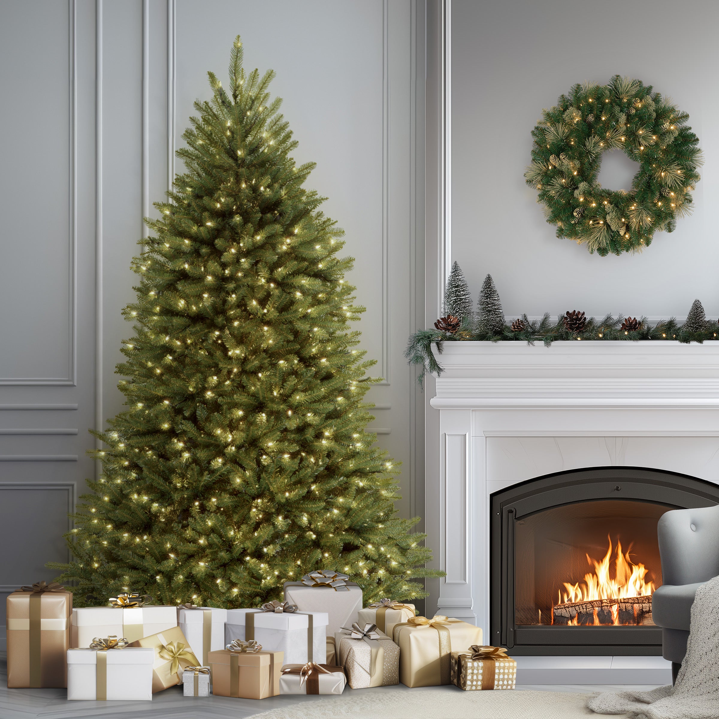 7.5 ft Pre-Lit Dunhill Fir Artificial Christmas Tree with PowerConnect Clear LED Lights - Perfect for Home, Office, and Holiday Decorations