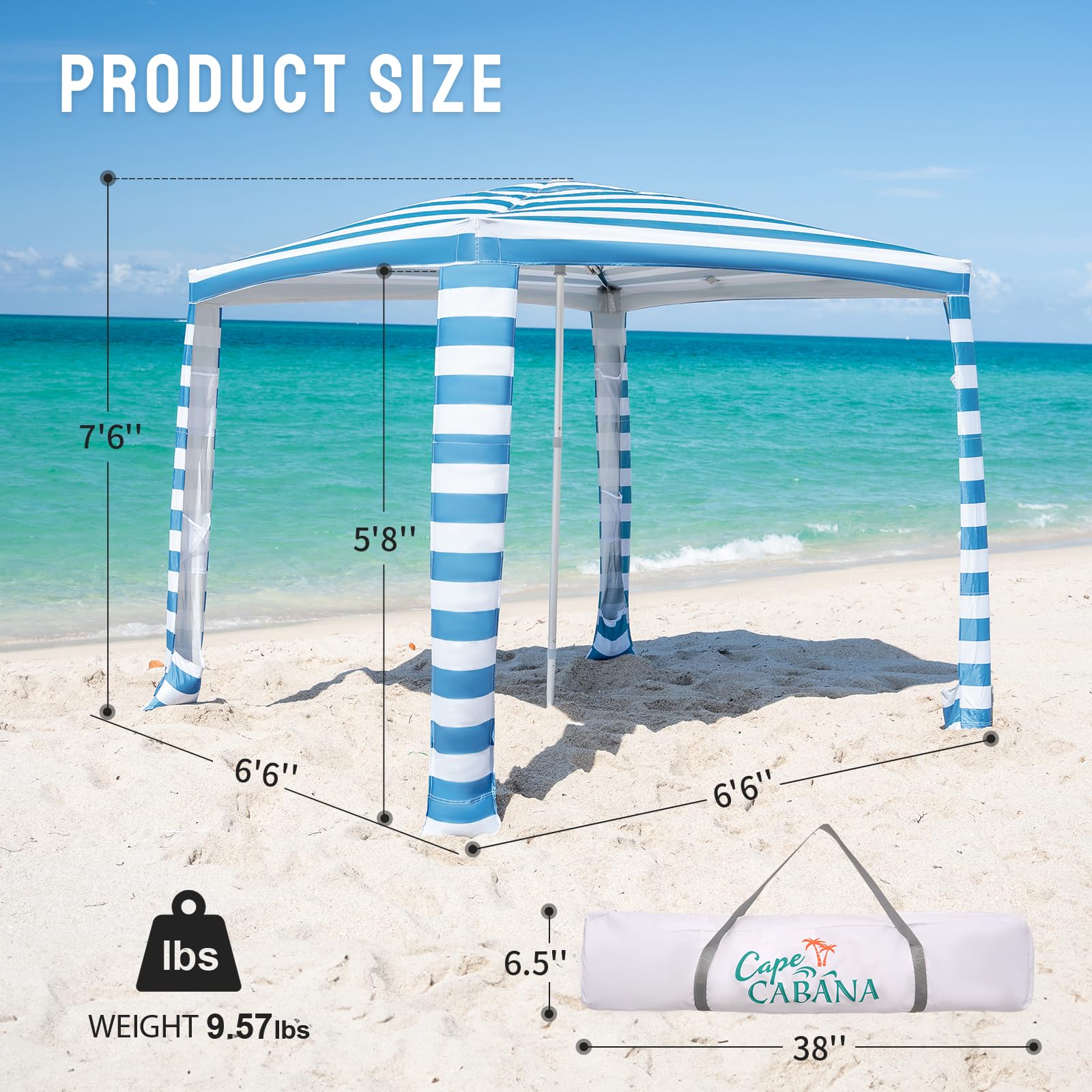Cool Cabana Beach Tent 6.5x6.5 ft - Easy Pop Up Sun Shelter with UPF50+ Protection, Sidewalls & Storage Pockets - Sky Blue Beach Cabana for Sand, Pool & Outdoor Activities - Perfect for Family Beach Days, Picnics & Backyard Relaxation