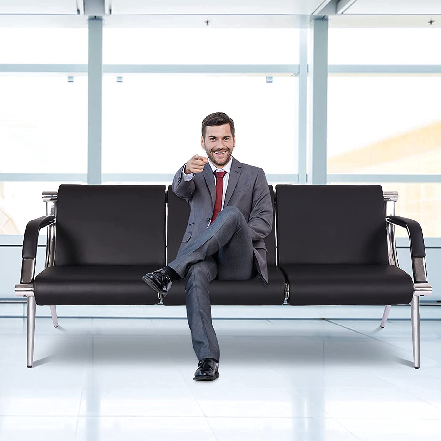Black PU Leather Waiting Room Chairs - 3-Seat Reception Bench with Armrests for Airport, Hospital, Bank, Salon & Barber Shop | Durable & Comfortable Seating Solution for High-Traffic Areas