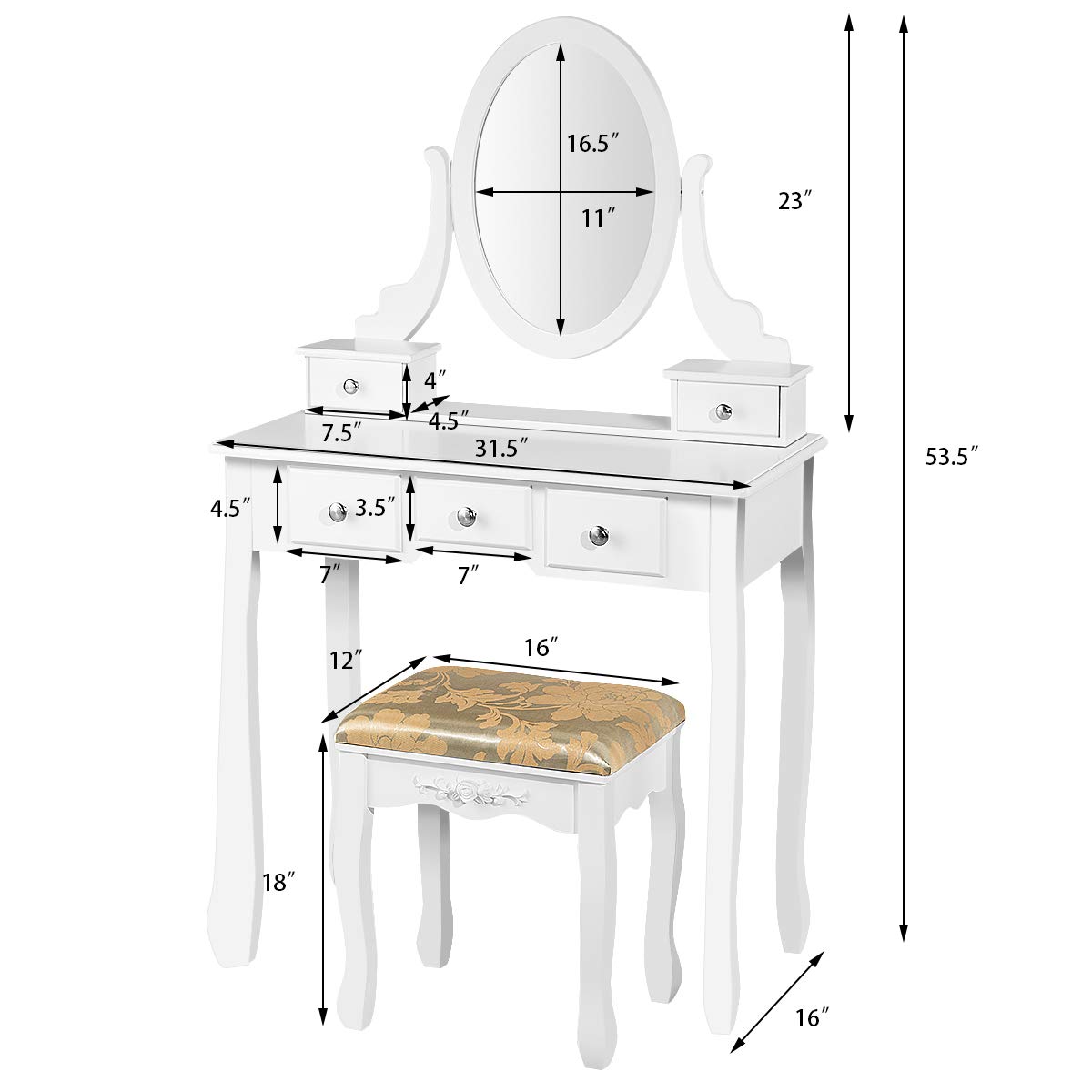 CHARMAID Vanity Table Set with Rotatable Oval Mirror & 5 Drawers - White Dressing Table with Cushioned Stool for Women & Girls | Perfect for Bedroom Makeup, Beauty Organization & Home Decor