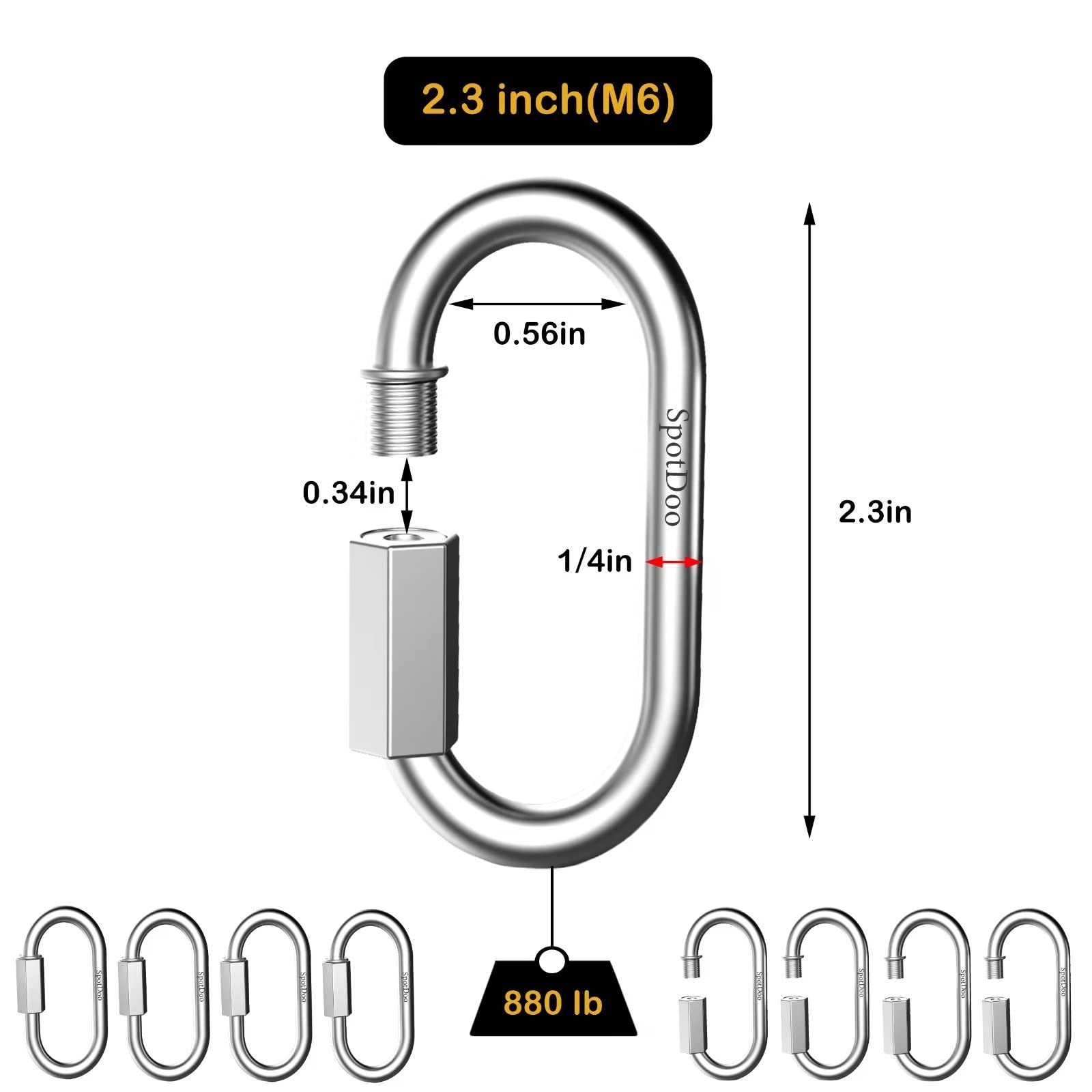 2.3 Inch Stainless-Steel Quick Link Chains - 8 Pack 1/4 Inch Heavy Duty Locking Carabiners (880 Lbs Capacity) for Hammocks, Camping, Swings & Outdoor Gear | Secure Connectors for Backpacking, Climbing, RV Accessories & Pet Safety Equipment