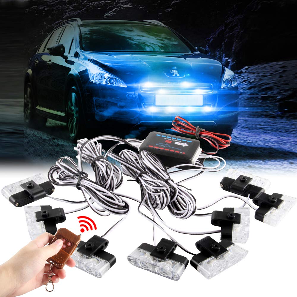 Blue 16-LED Grille Strobe Lights for Cars & Trucks - Wireless Remote Control 12V Emergency Warning Lights - Police, Ambulance, Security Vehicle Use