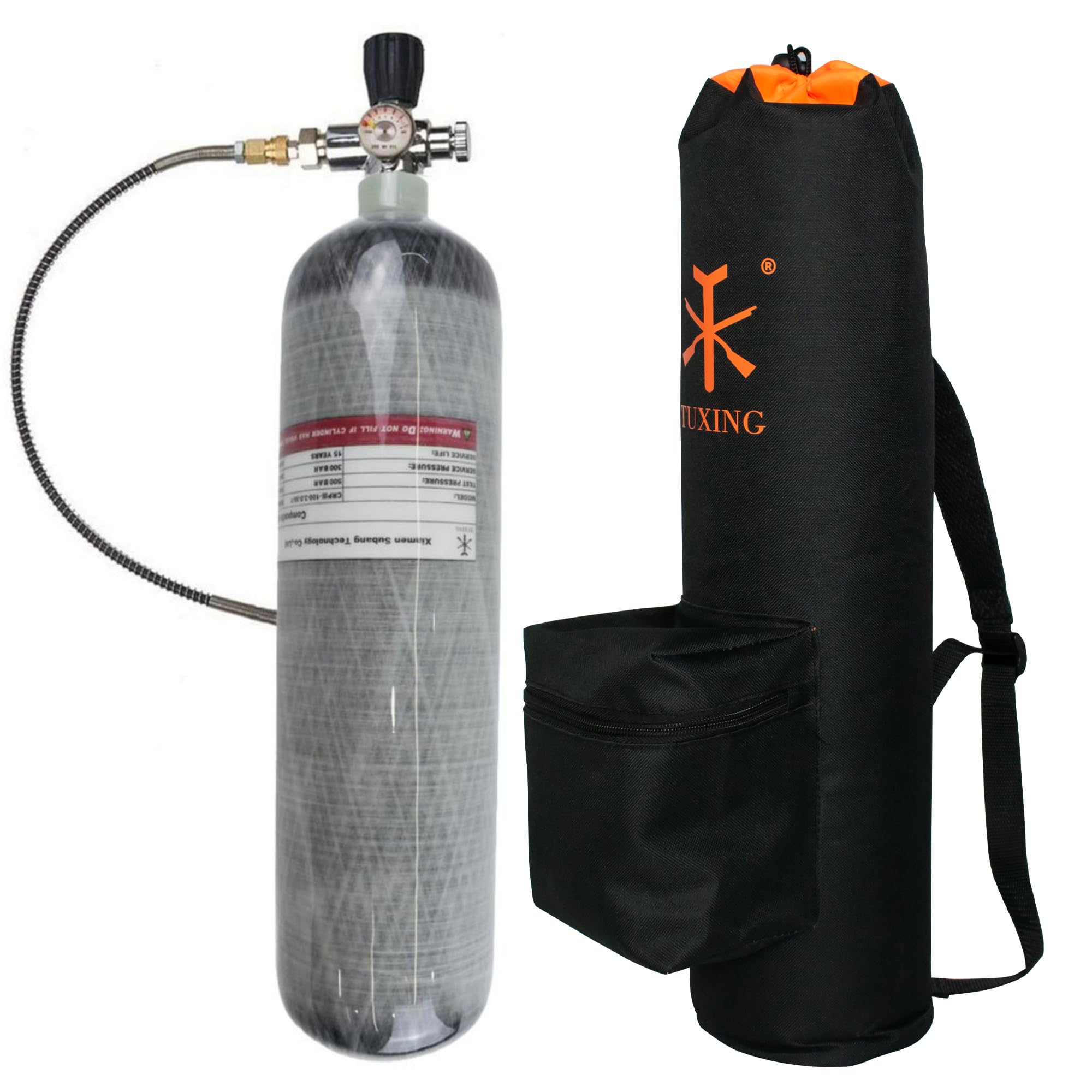 TUXING 4500psi 3L Carbon Fiber PCP Air Tank with Valve Regulator Gauge - Portable Compressed Air System for PCP Air Rifles, Paintball Guns & Outdoor Hunting | Includes Durable Carrier Bag
