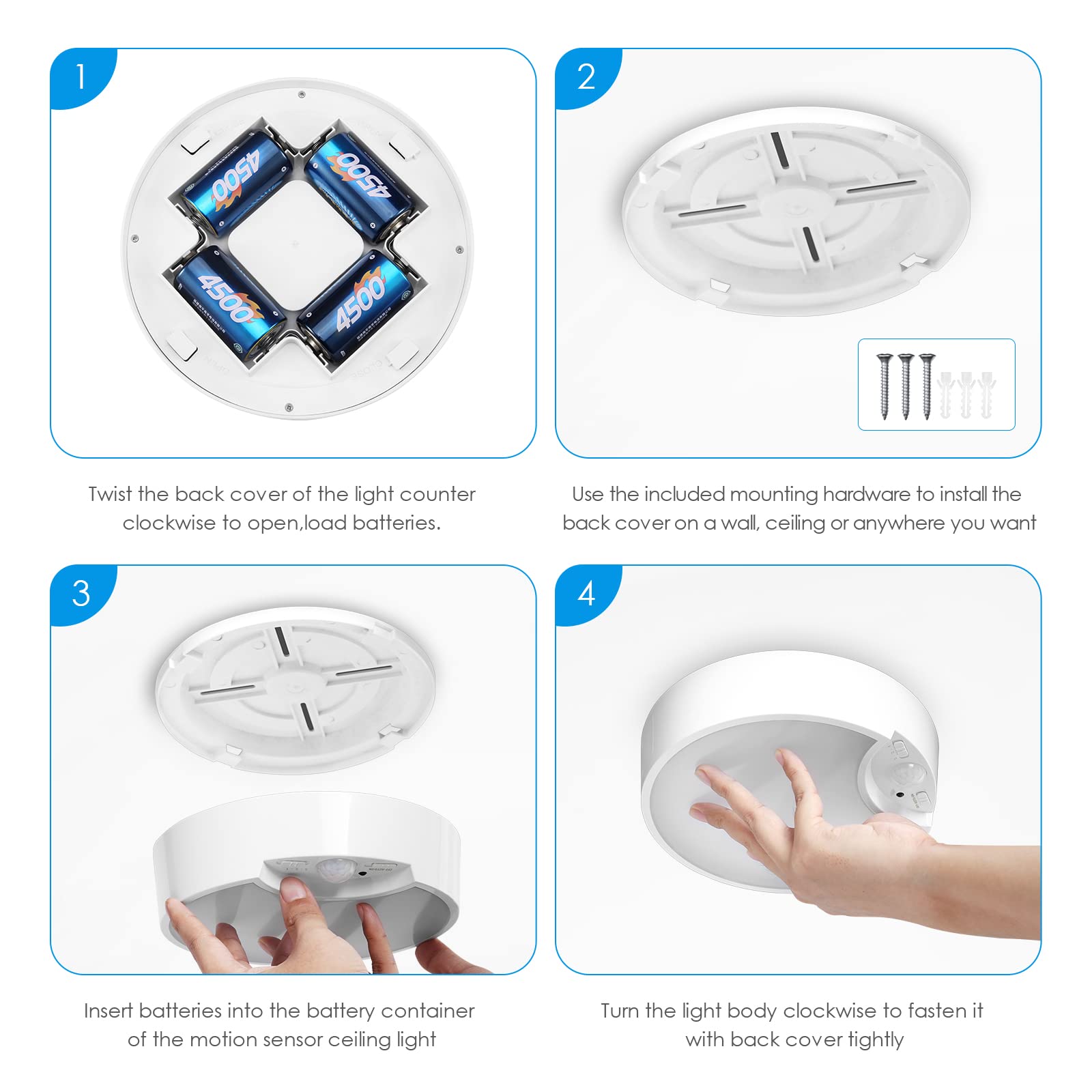 AMIR 7.48 Inch Motion Sensor Ceiling Light - Battery Operated LED Light (300LM) for Bedroom, Bathroom, Stairs, Hallway, Basement, Garage, Closet & Pantry - Energy Saving Automatic Light for Home & Storage Rooms