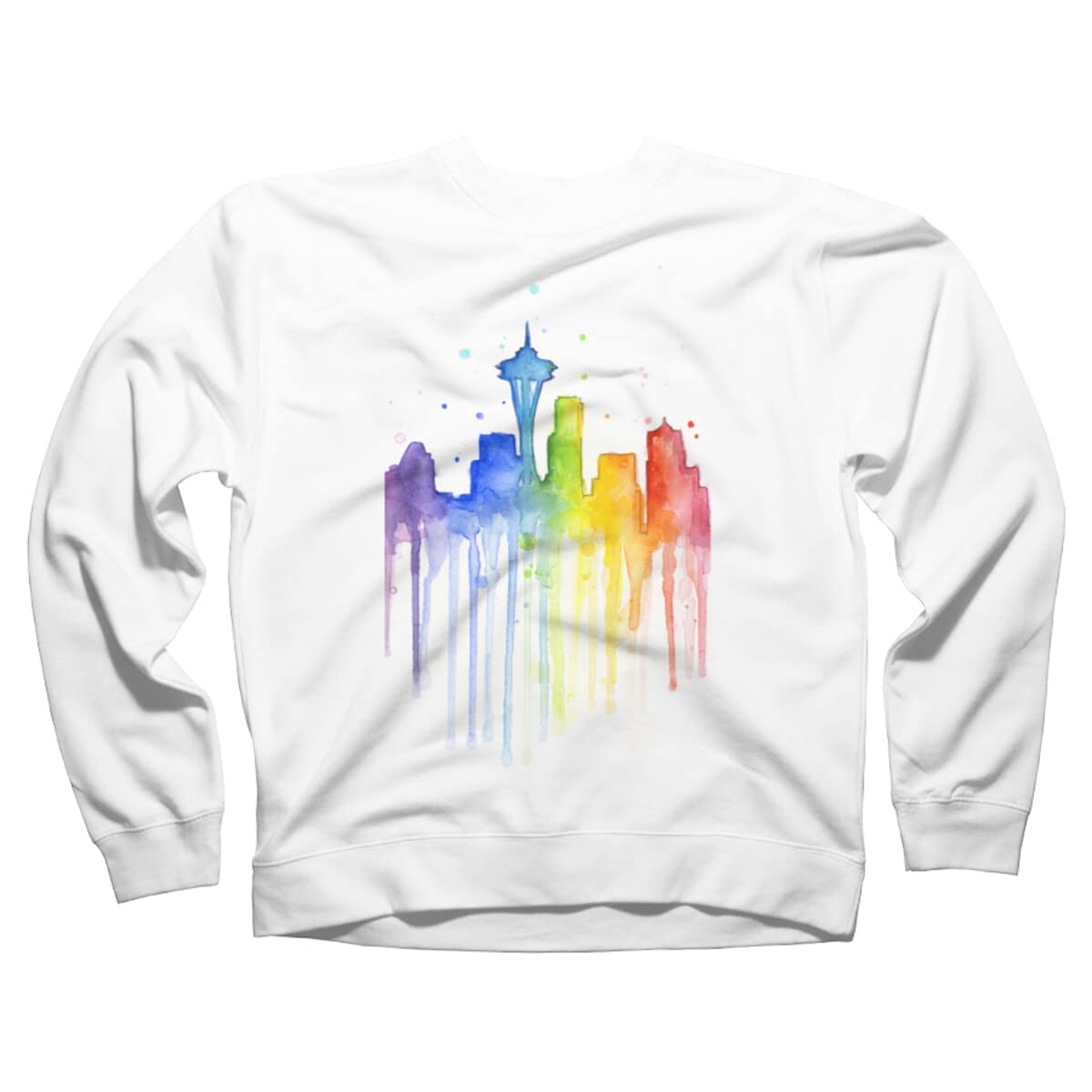 Design By Humans Unisex Seattle Skyline Rainbow Watercolor Sweatshirt by Olechka - Soft Pullover Hoodie for Men & Women - Perfect for Casual Wear, Street Style & Outdoor Activities