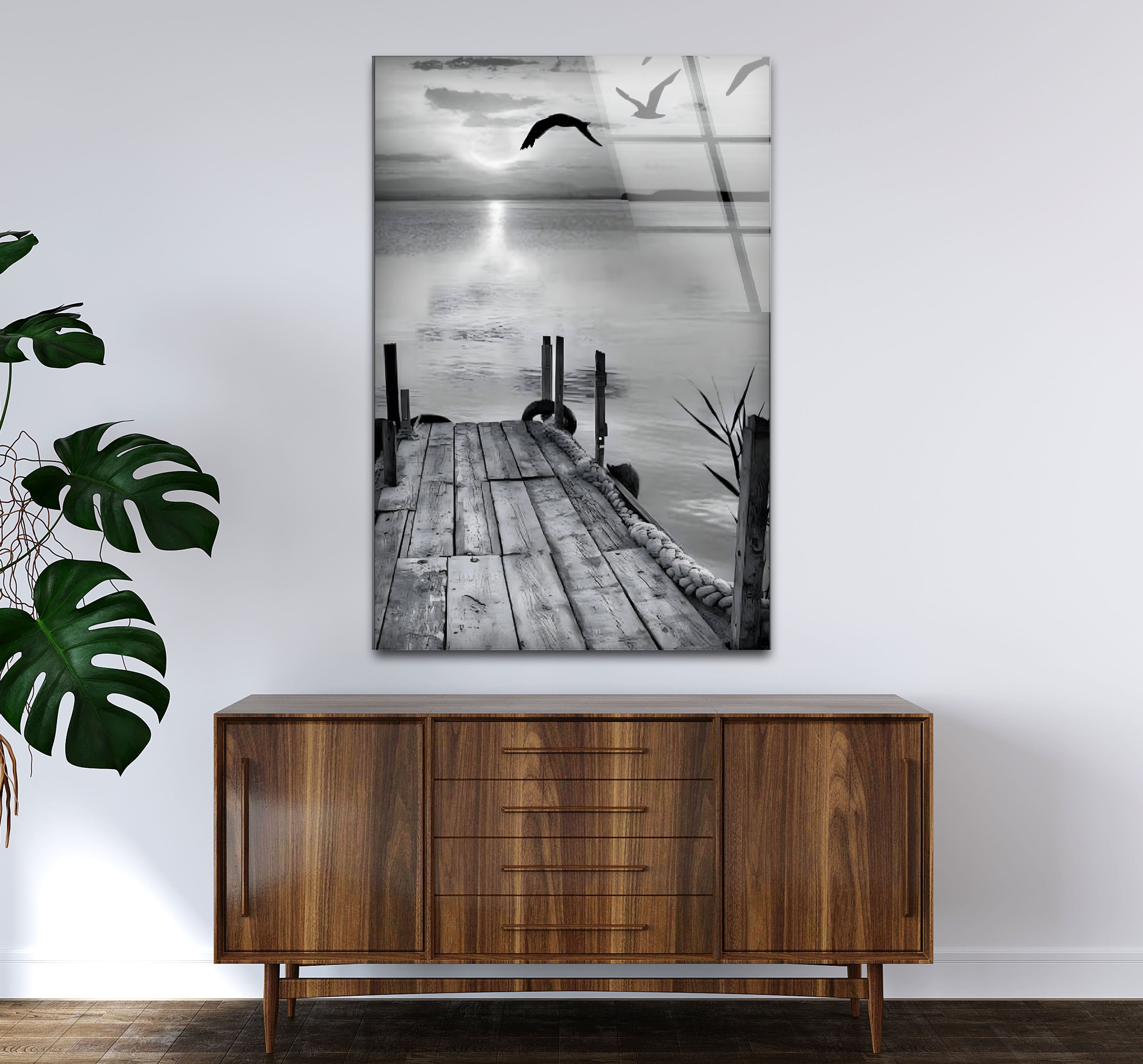 Black and White Dock Landscape Glass Wall Art - Modern Home Decor for Living Room, Bedroom, Office - Perfect Gift for Housewarming, Wedding, Anniversary