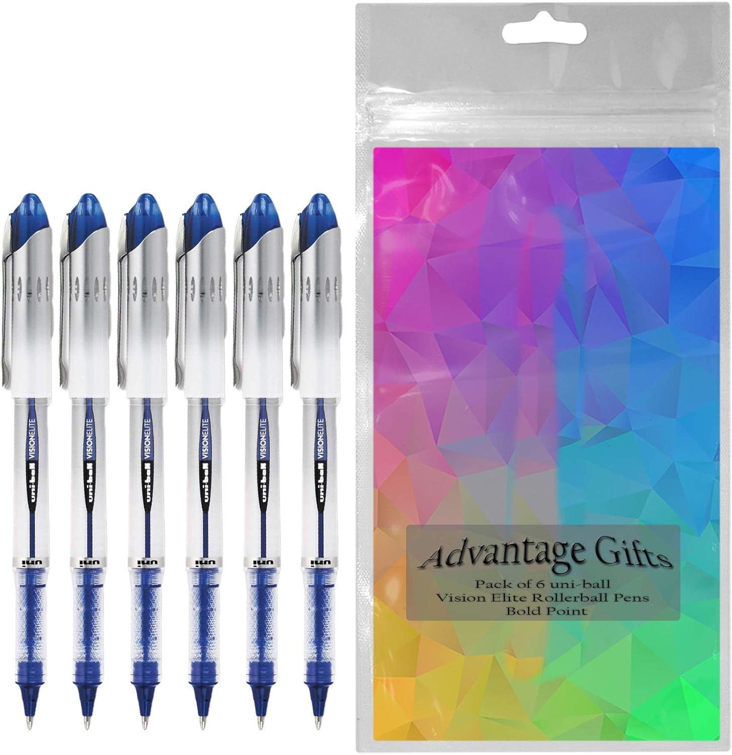 Uni-ball Vision Elite Rollerball Pens - 0.8mm Bold Point Blue Ink (6-Pack) with Reusable Pouch - Perfect for Office, School, Note Taking & Gift Giving