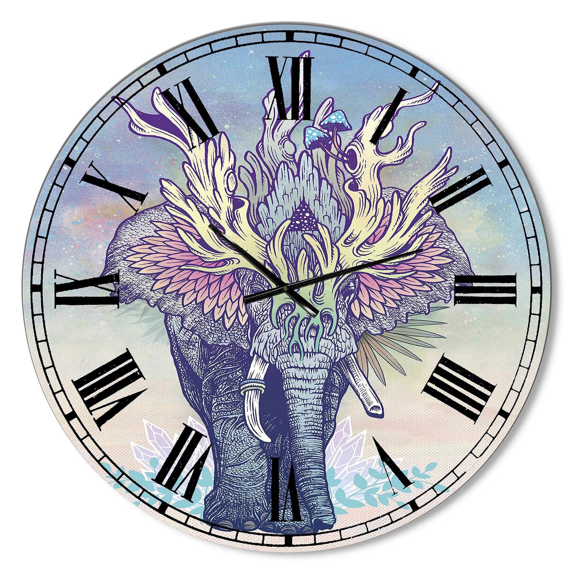 DesignQ Modern Wall Clock 'Spirit Elephant' - 12 Inch Round Blue Wall Clock for Home & Office Decor - Perfect for Living Room, Bedroom, Kitchen & Office Spaces
