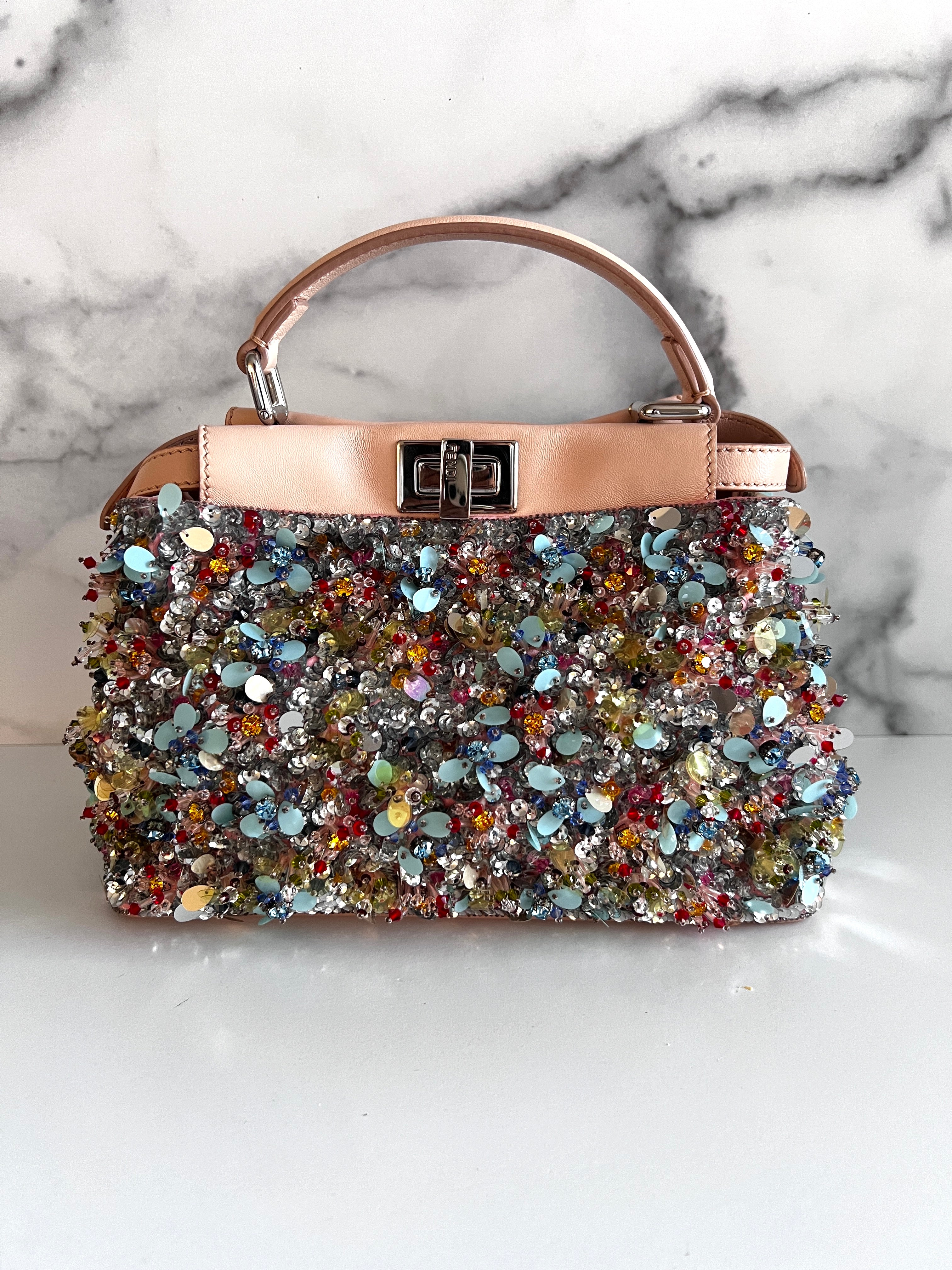 Pre-Owned Fendi Peekaboo Small Bag with Multi-Sequin & Rhinestone Design - Perfect for Evening Parties, Weddings & Special Occasions