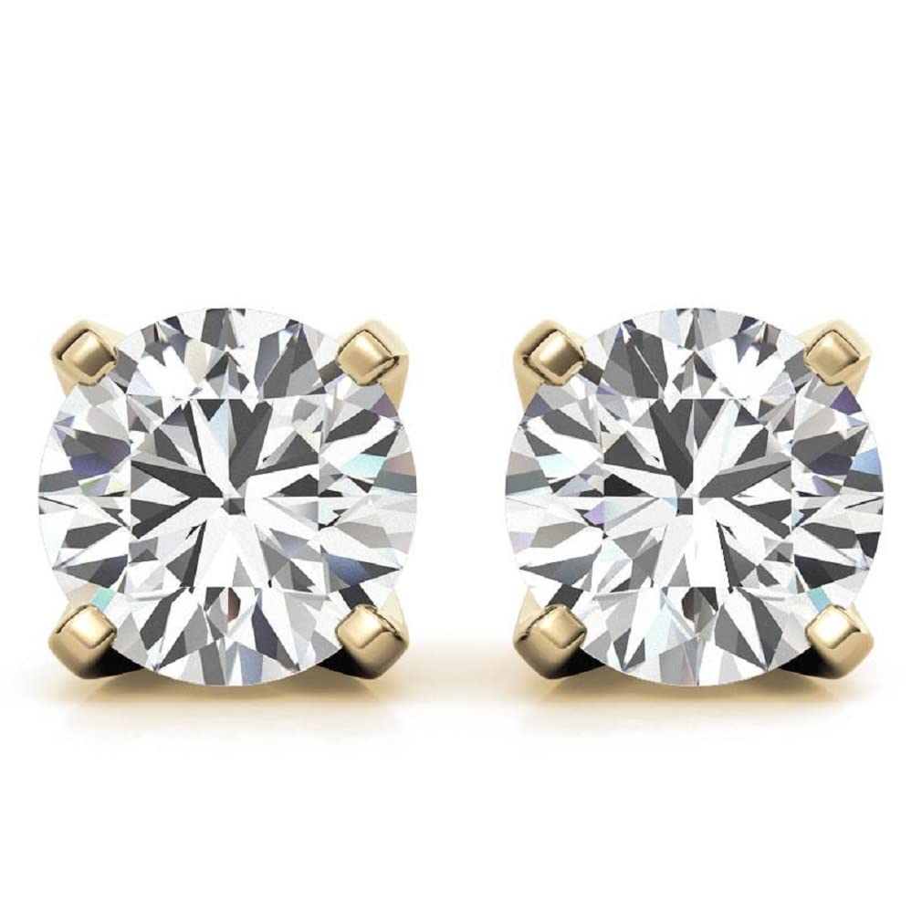 10K/14K/18K Solid Yellow Gold Moissanite Stud Earrings for Women - 2 TCW Round Cut Solitaire Diamond Earrings with 4 Prong Setting - Push/Screw Back Closure - Perfect for Engagement, Wedding, Anniversary Gifts & Everyday Elegance