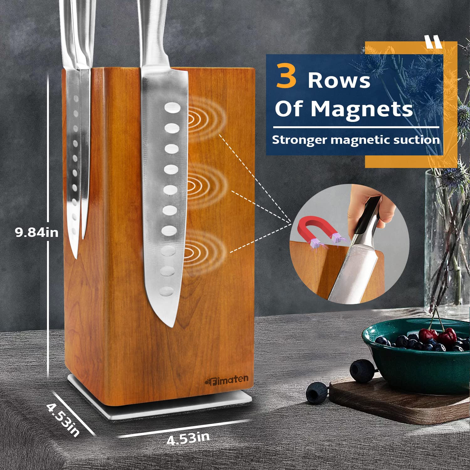 360° Rotatable Magnetic Knife Holder - Universal Acacia Wood Knife Block with Extra Strong Magnets for Knives & Utensils | Space-Saving Kitchen Organizer for Countertops, Drawers & Small Kitchens