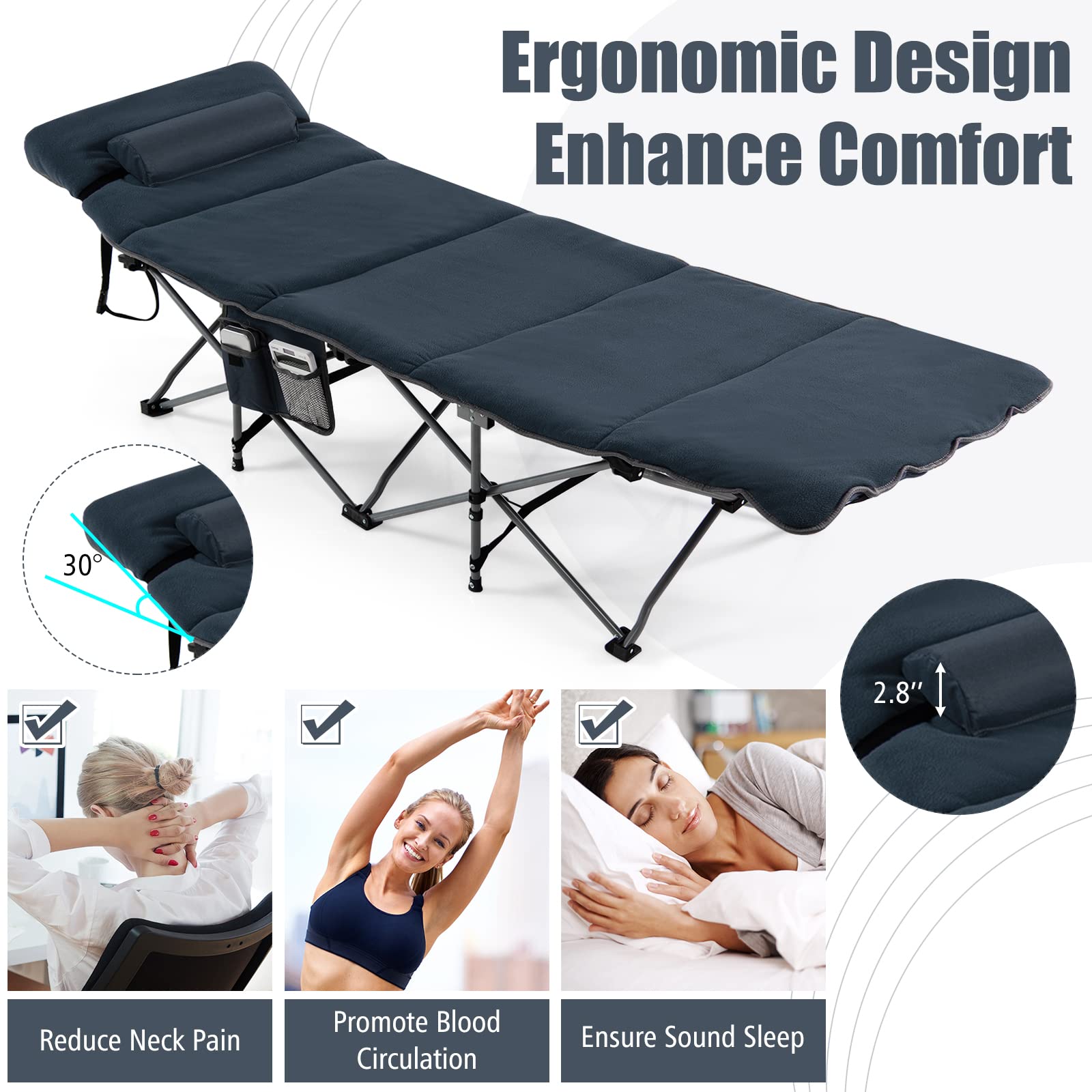 Goplus Heavy-Duty Folding Camping Cot with Mattress & Pillow - Portable Military Sleeping Cot for Adults & Kids, Includes Carry Bag & Storage Pocket - Perfect for Camping, Hiking, Home Office Naps & Outdoor Adventures (Blue)