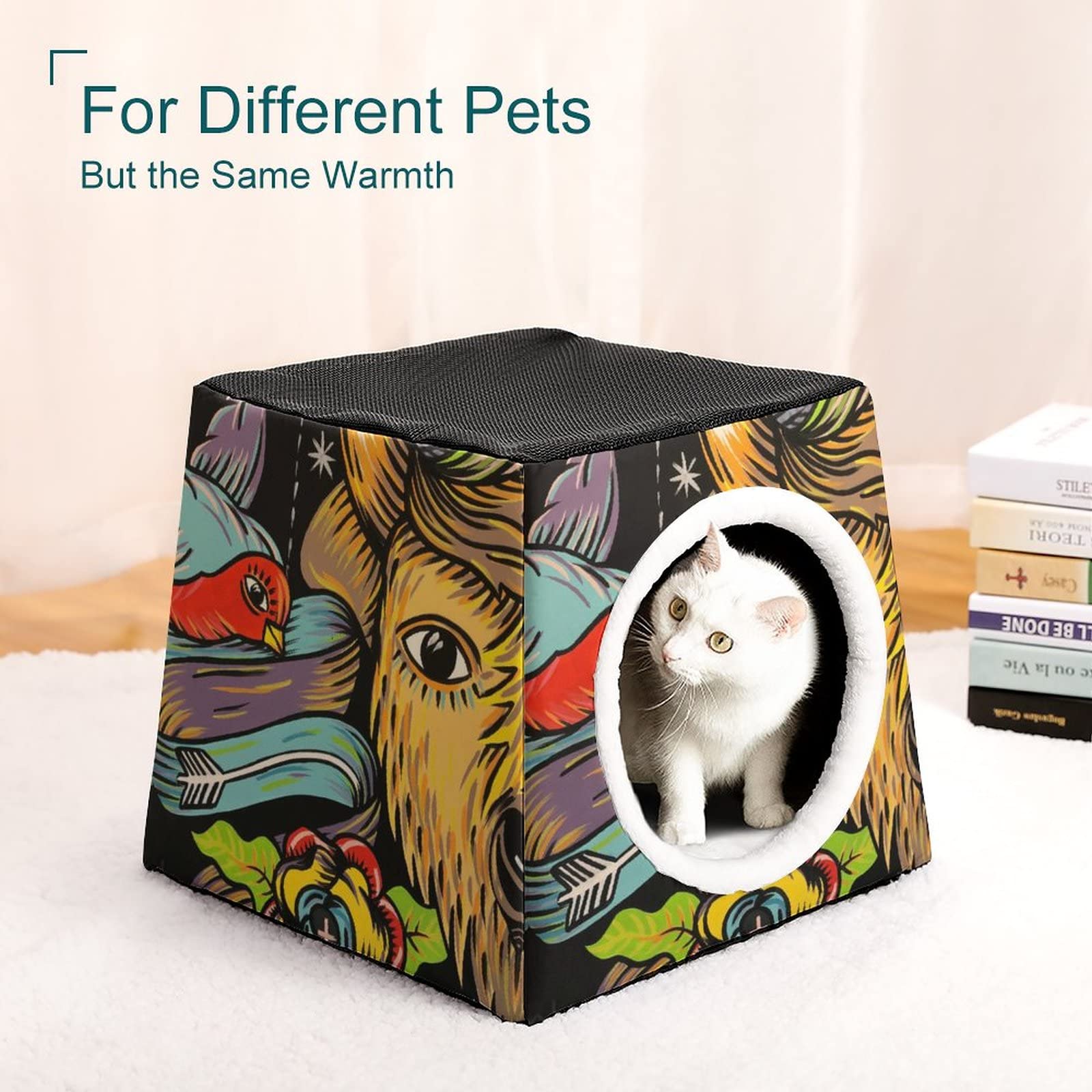 3-in-1 Multi-Functional Cat House with Bed & Sofa - Printed Cat Cube for Indoor/Outdoor Use - Cozy Kitty Shelter for Pets - Perfect for Living Room, Patio or Garden