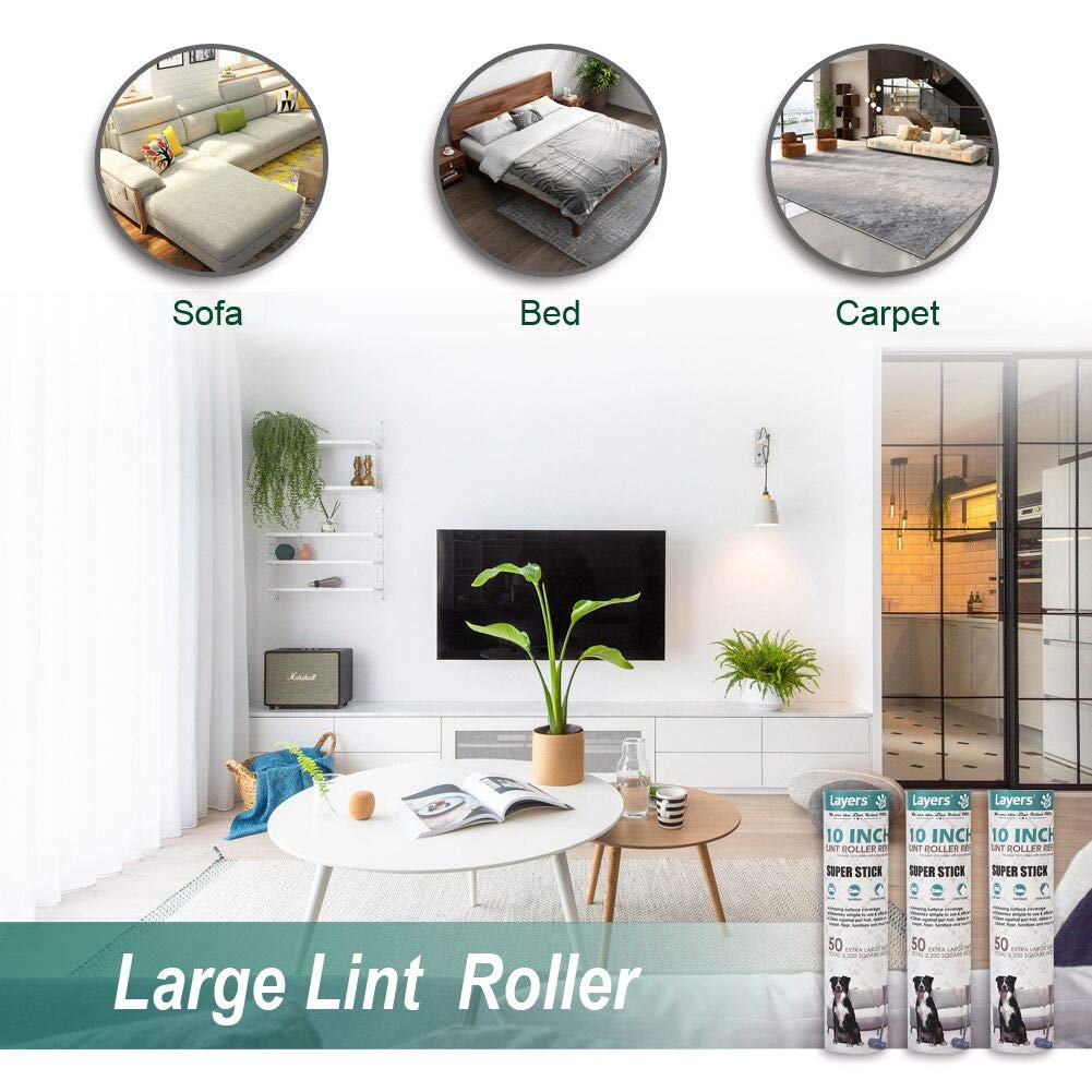 Layers Large Lint Roller Refills - 3 Pack | Extra Wide 10-Inch Sticky Roller for Pet Hair, Clothes & Furniture | Compatible with Most Mega Rollers | Perfect for Home, Office & Travel Use