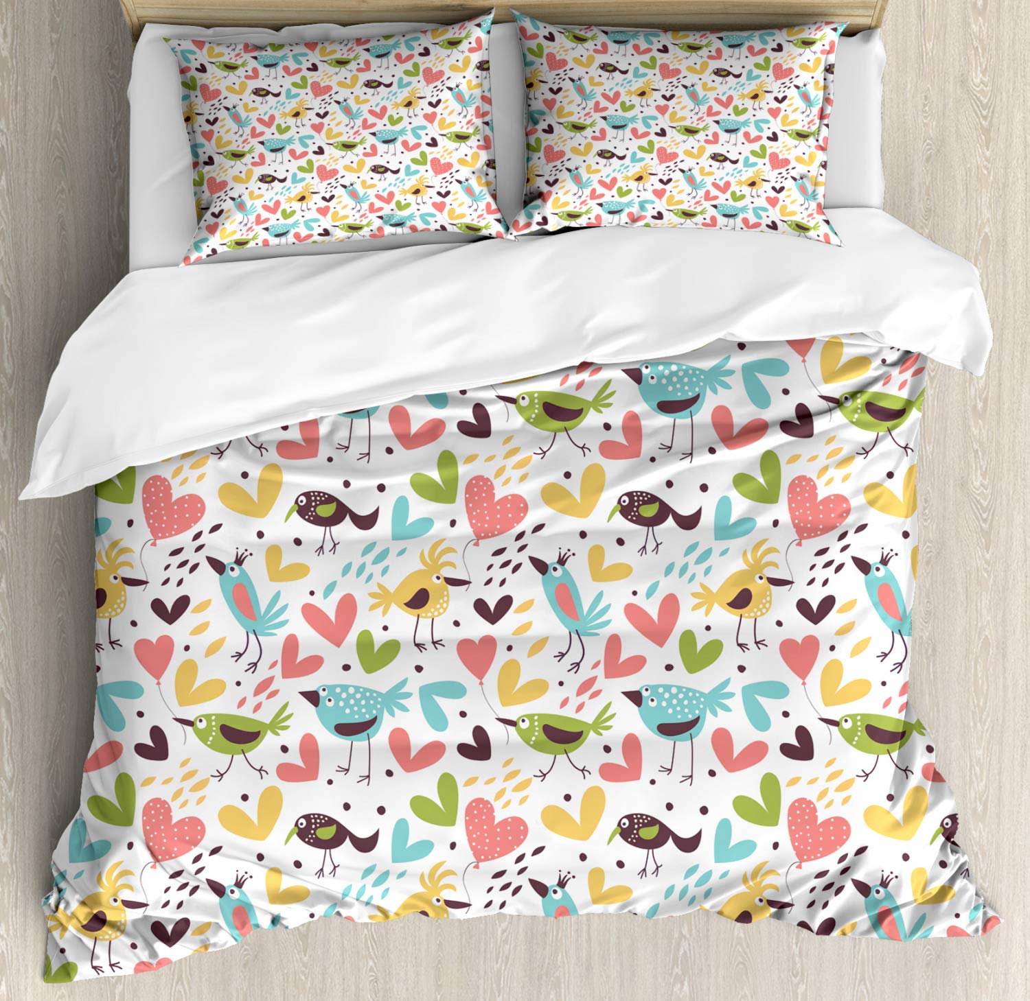 Ambesonne Cartoon Duvet Cover Set - Pale Color Kingfisher & Hummingbird Design with Heart Balloons | 3-Piece California King Bedding Set with 2 Pillow Shams | Soft Multicolor Decor for Kids Room, Nursery, or Guest Bedroom