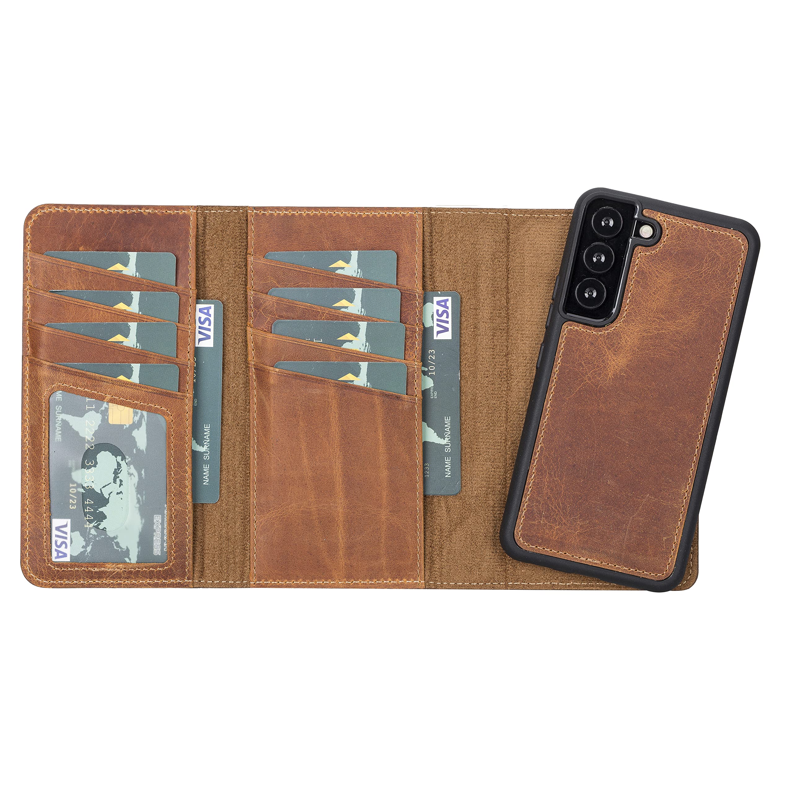 Premium Full Grain Leather Tri-Fold Wallet Case for Samsung Galaxy S22 - 2-in-1 Magnetic Flip Cover with Card Slots & Detachable Frame (Antique Camel) | Stylish Protection for Business & Travel