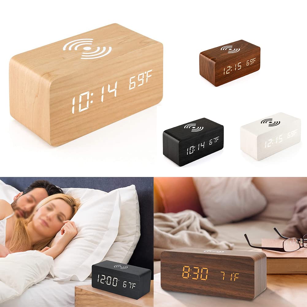 Wireless Charging Alarm Clock with Dimmable LED Display - USB Charger, Dual Alarm, Non-Ticking, Mains Powered - Perfect for Bedroom, Office, and Travel Use