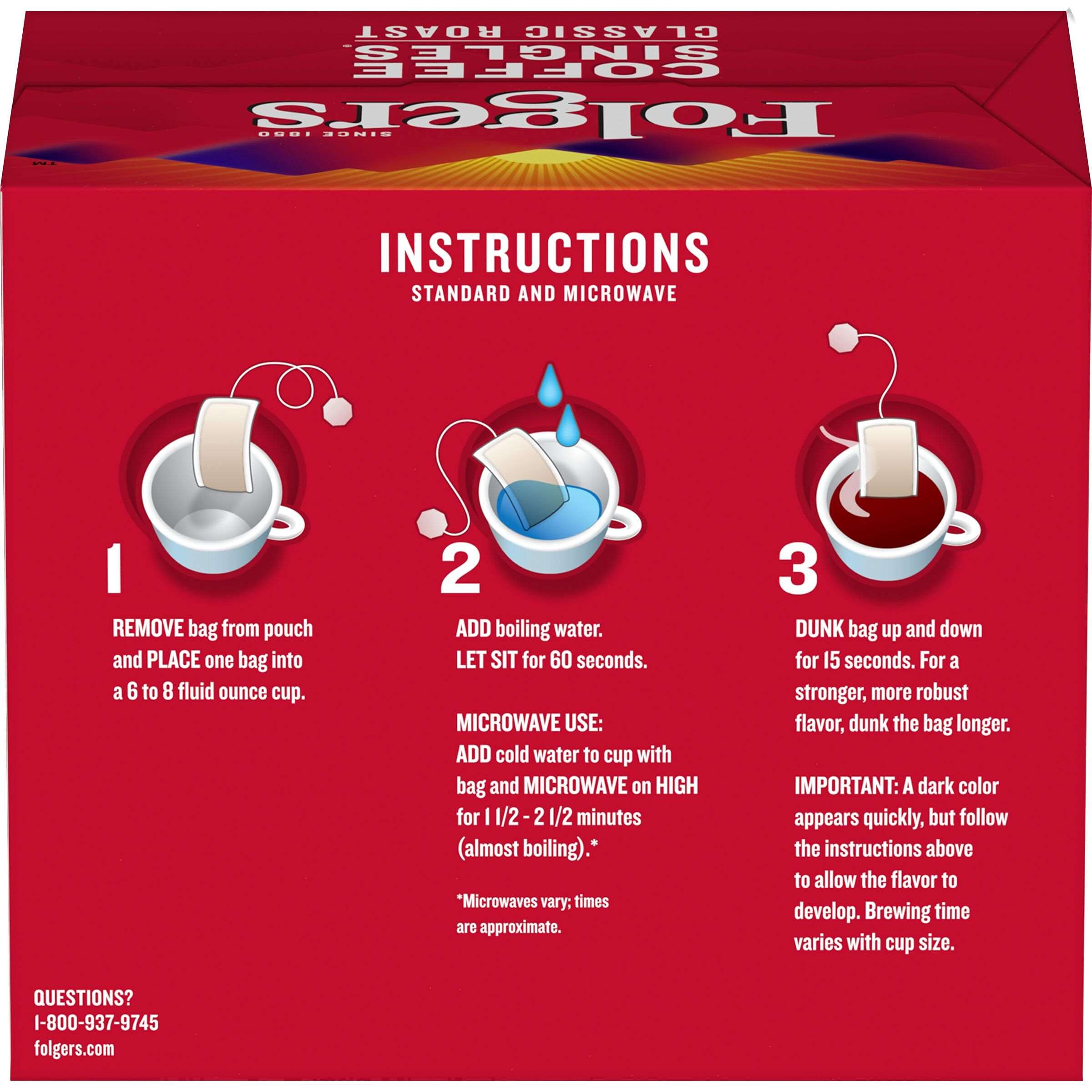 Folgers Classic Roast Coffee Singles - 19 Pre-Measured Coffee Bags for Quick & Easy Brewing - Perfect for Office, Travel, and Camping