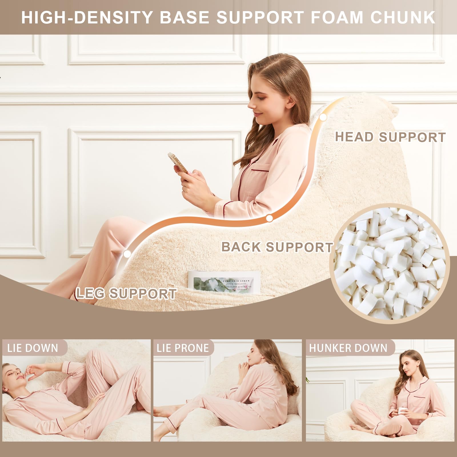 Giant Bean Bag Chair with Armrests - Non-Slip Oversized Bean Bag Sofa for Adults, Removable Washable Cover, Comfy Lounge Chair for Living Room, Bedroom, Dorm (Beige) - Perfect for Relaxing, Gaming & Movie Nights