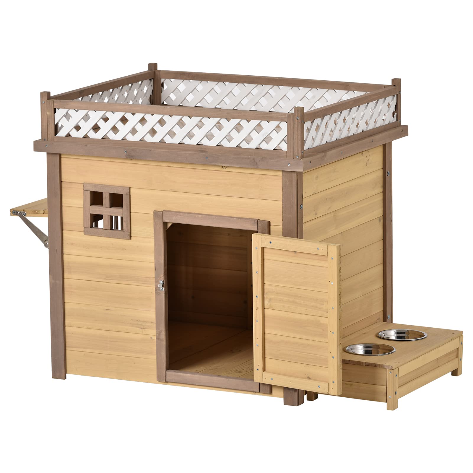39.4 Inch Wooden Dog House with Plant Stand & Feeder - Indoor/Outdoor Puppy Shelter Kennel with 2 Stainless Steel Bowls - Perfect for Backyard, Patio, Garden & Home Use