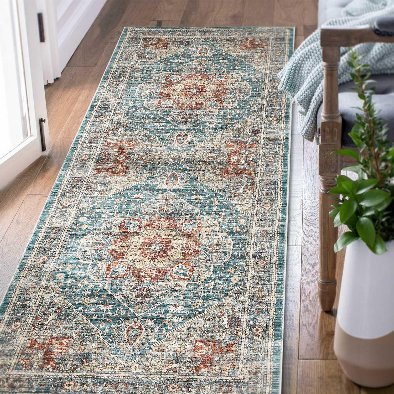 Jinchan Runner Rug 2x8 - Washable Non-Slip Vintage Blue Brown Kitchen Mat - Ultra Thin Lightweight Indoor Carpet for Hallway, Bathroom, Laundry & Bedroom - Perfect for High Traffic Areas & Cozy Home Decor