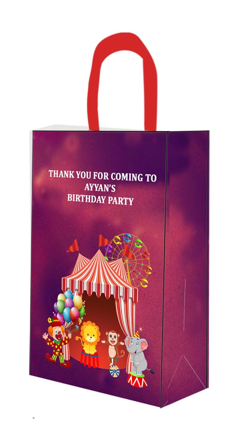 Personalized Carnival Circus Theme Happy Birthday Decorations - Custom Birthday Boy/Girl Name Return Gift Bags, Medium Size (Set of 10, 300GSM Paper) for Kids Parties, Baby Showers & Birthday Celebrations