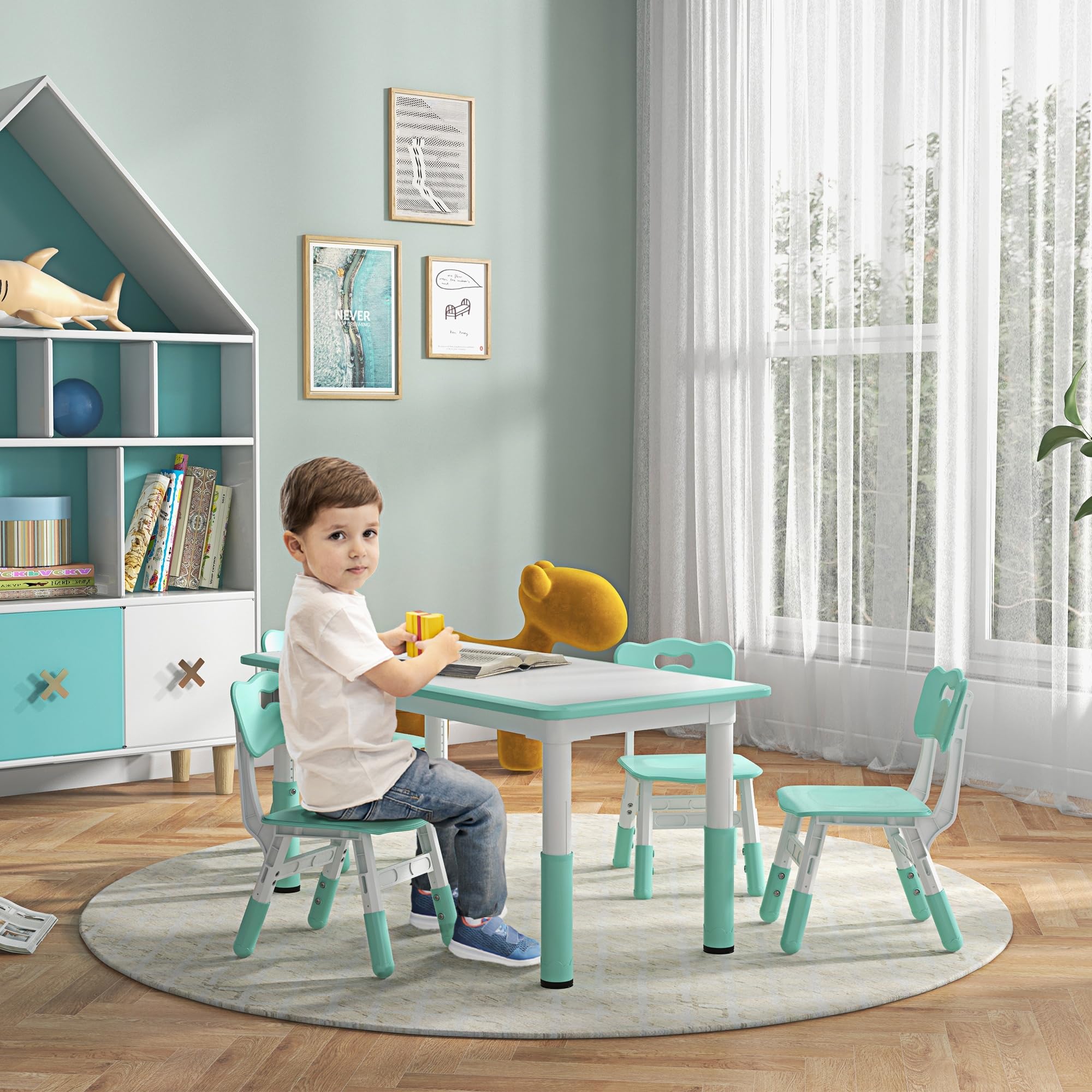 Qaba 5-Piece Adjustable Height Kids Table and Chair Set for Toddlers 1.5-5 Years - Perfect for Homeschooling, Snack Time & Playroom Activities - Green