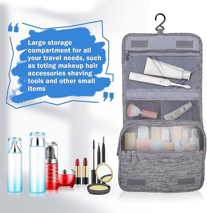 Anayo Hanging Travel Toiletry Bag - Waterproof Cosmetic & Makeup Organizer Pouch for Men & Women | Portable Shaving Kit, Brush Holder & Medicine Organizer | Perfect for Camping, Gym & Business Trips (Grey)