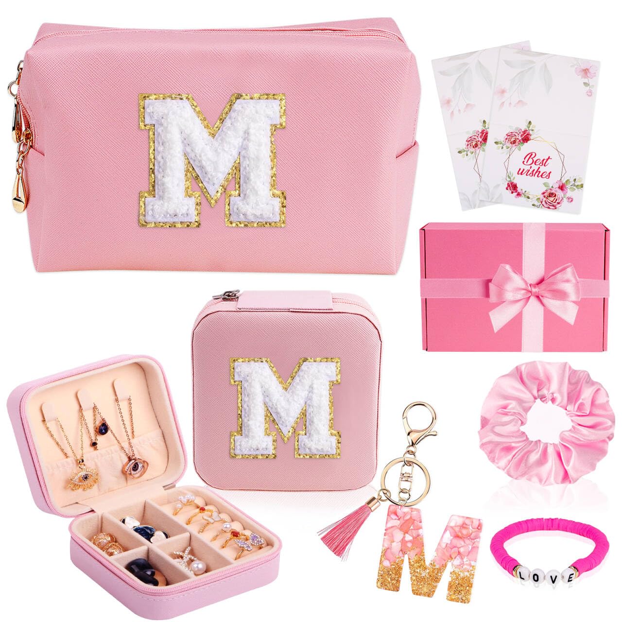 8PCS Personalized Initial Gifts for Women - Monogram Makeup Bag, Travel Jewelry Box & Letter Keychain Set - Unique Birthday Gifts for Wife, Bridesmaids & Teen Girls (Perfect for Travel, Weddings & Special Occasions)